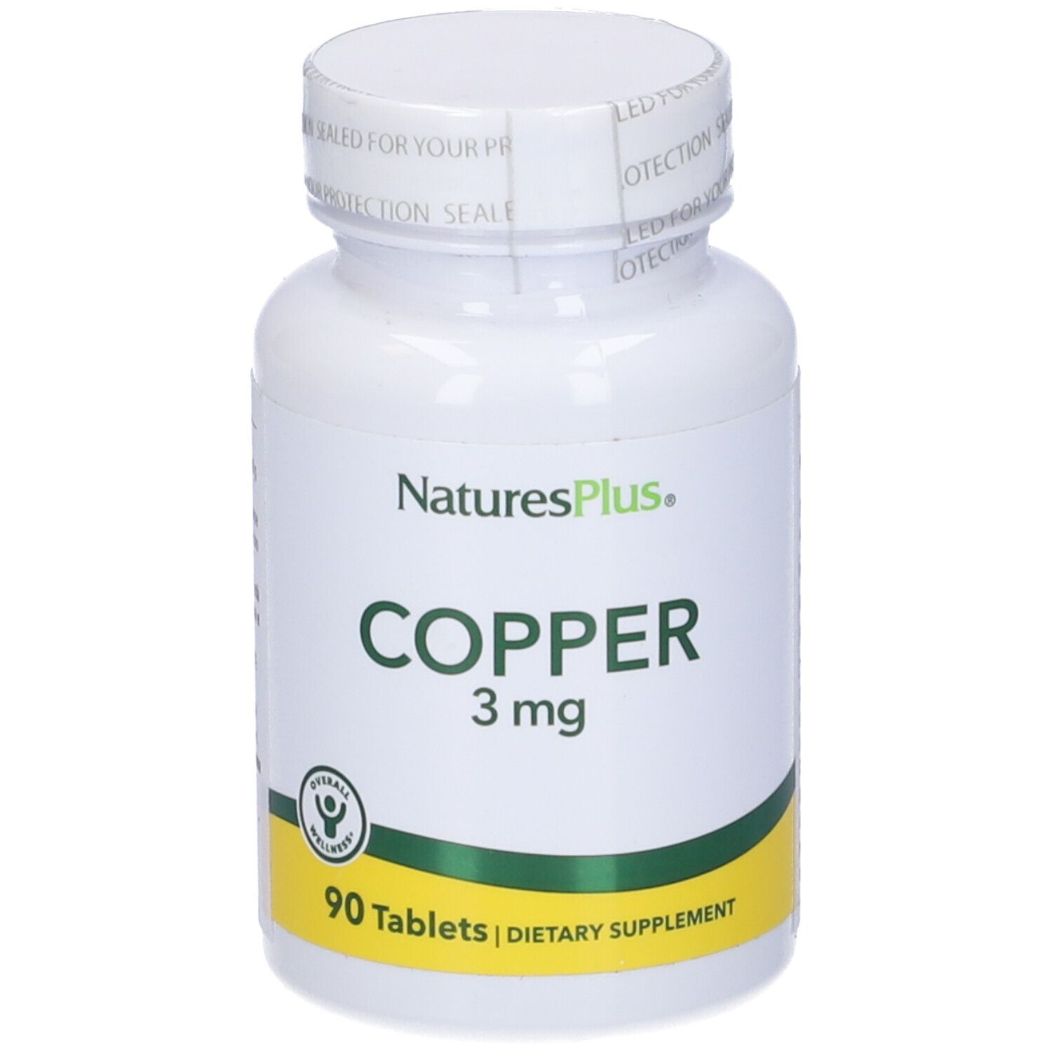 Flacone bianco con etichetta verde e gialla. Scritta: Copper 3 mg, 90 compresse. Marchio: NaturesPlus. Tappo sigillato.