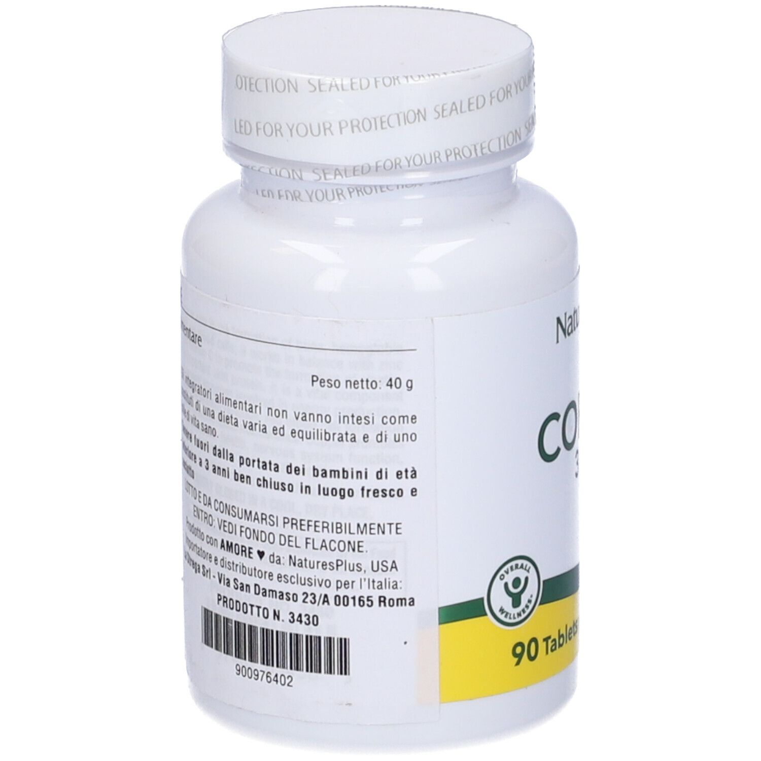 Flacone bianco con etichetta verde e gialla. Scritta: Copper 3 mg, 90 compresse. Marchio: NaturesPlus. Retro con testo.