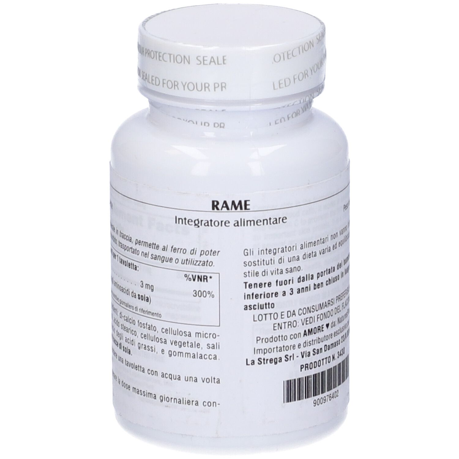 Flacone bianco con etichetta verde e gialla. Scritta: Rame, 3 mg, 90 compresse. Retro con testo.