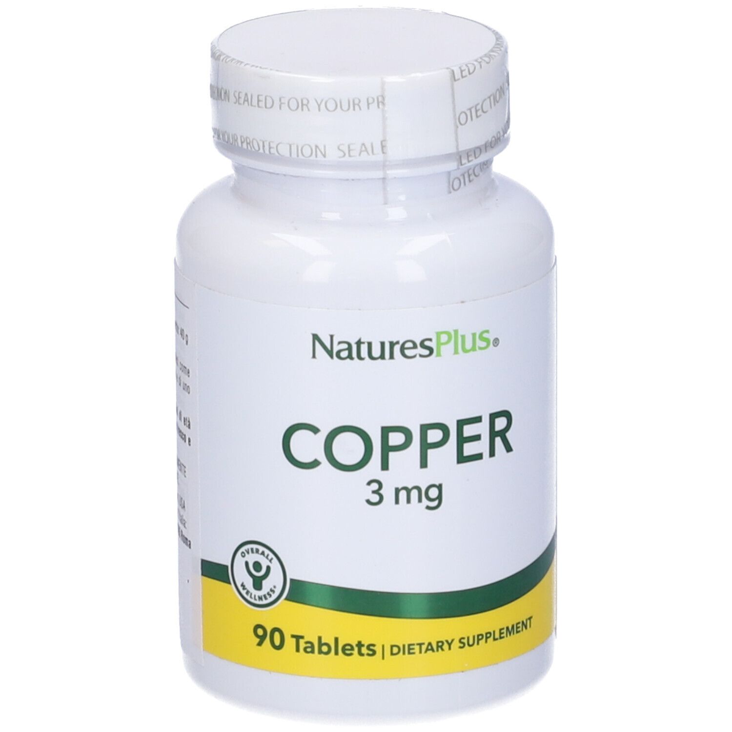 Flacone bianco con etichetta verde e gialla. Scritta: Copper 3 mg, 90 compresse. Marchio: NaturesPlus. Tappo sigillato.