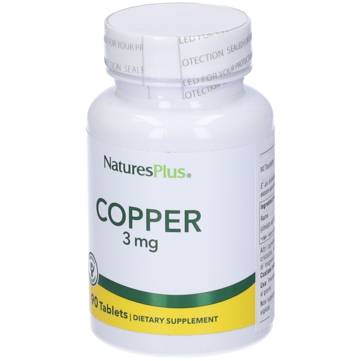 Flacone bianco con etichetta verde e gialla. Scritta: Copper 3 mg, 90 compresse. Marchio: NaturesPlus.