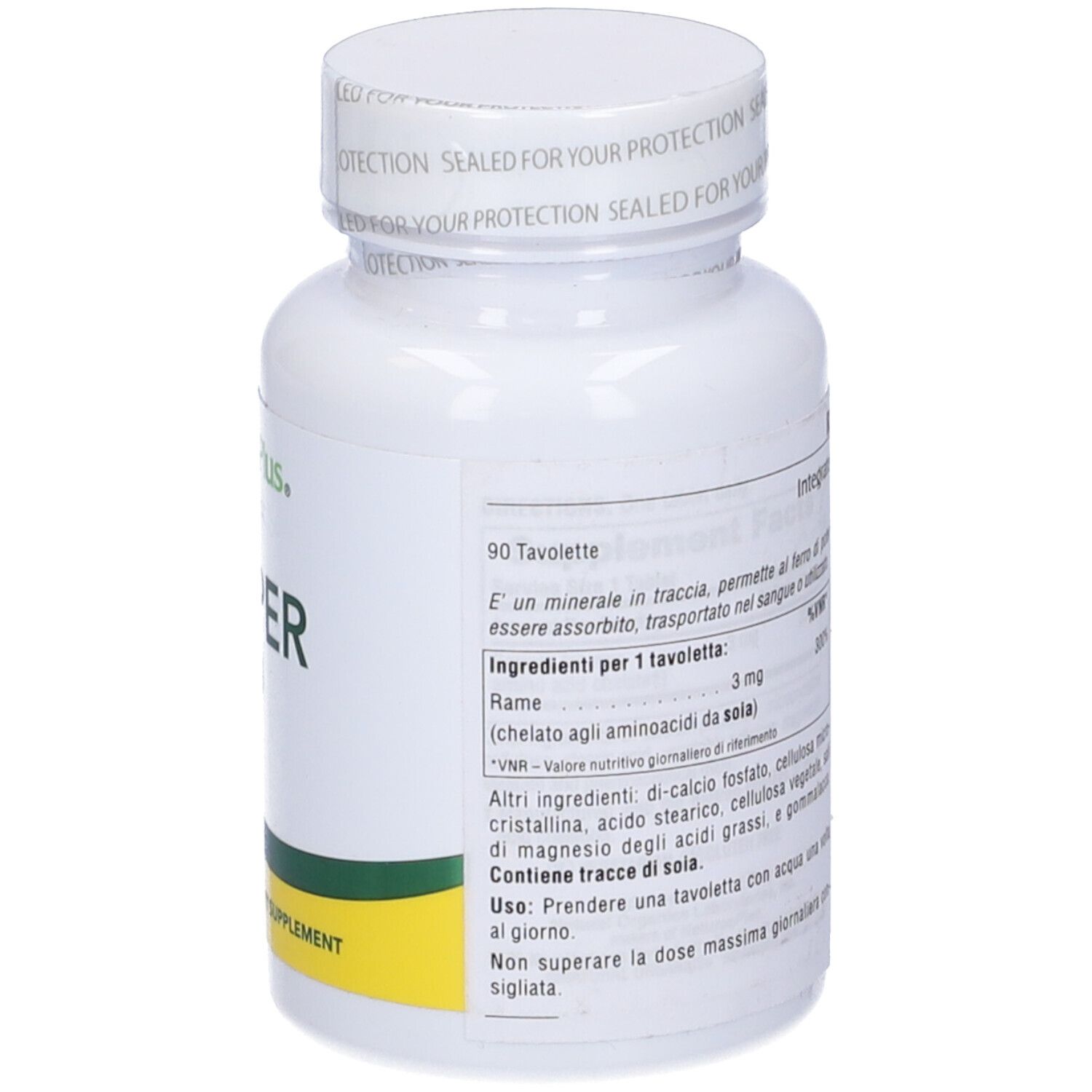 Flacone bianco con etichetta verde e gialla. Scritta: Copper, 3 mg, 90 compresse. Retro con testo.