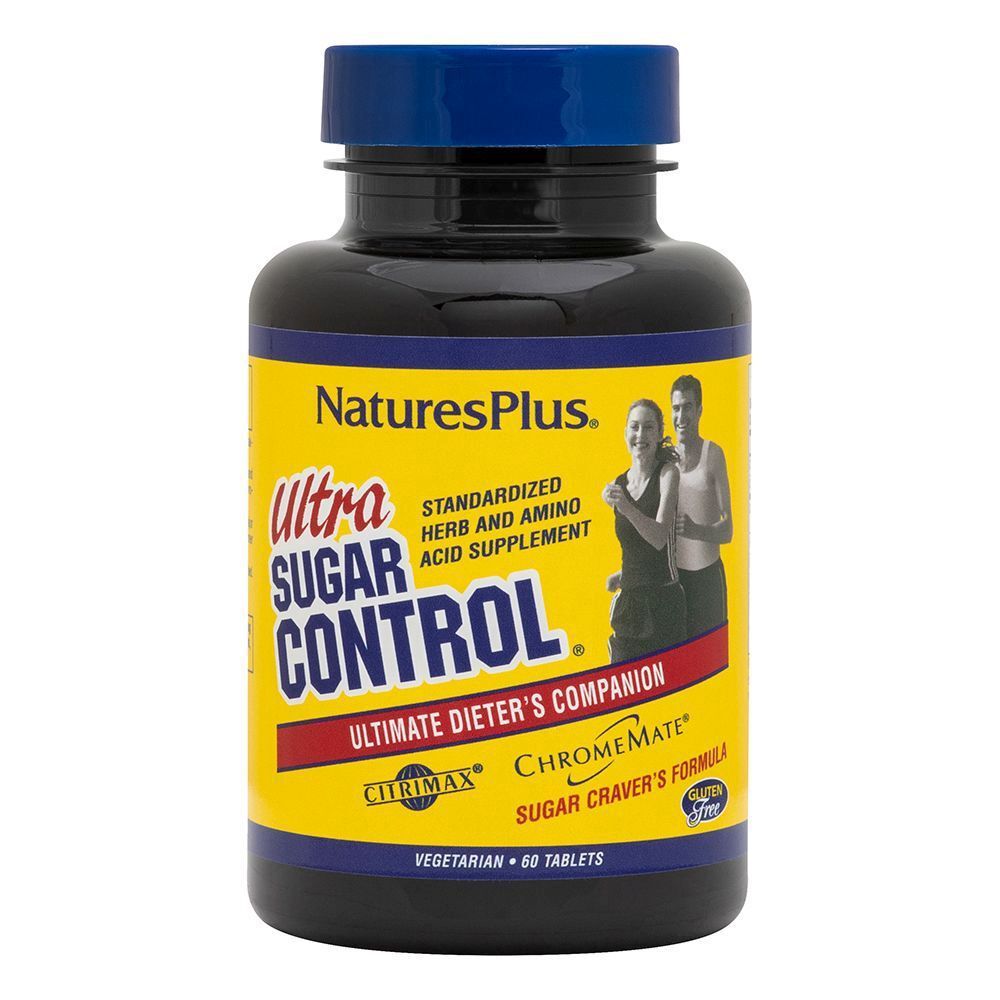 Flacone nero con etichetta gialla. Scritta: Ultra Sugar Control, 60 compresse. Marchio: NaturesPlus.