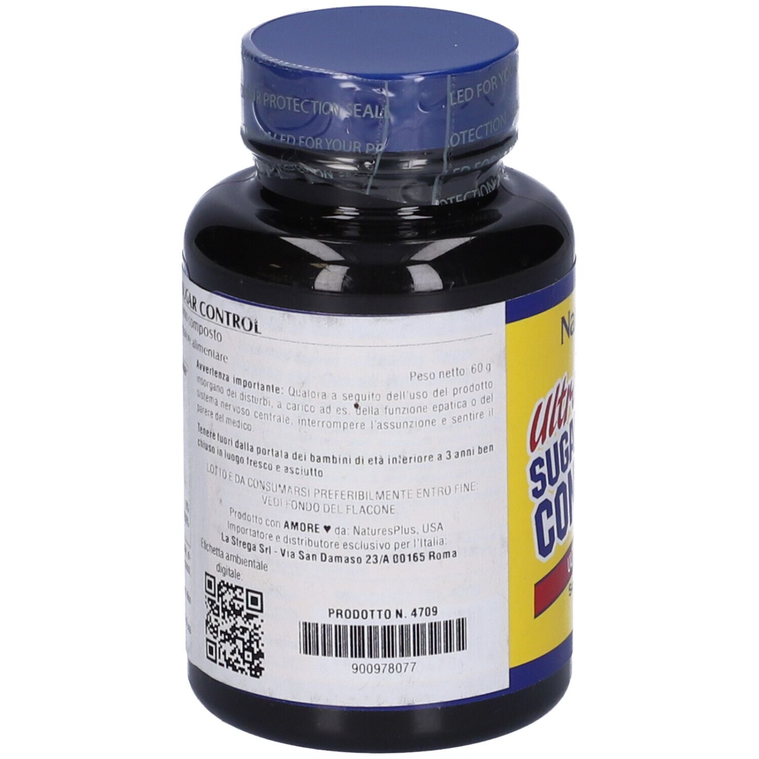 Flacone nero, retro con etichetta. Testo: Ultra Sugar Control. Codice QR e numero prodotto.