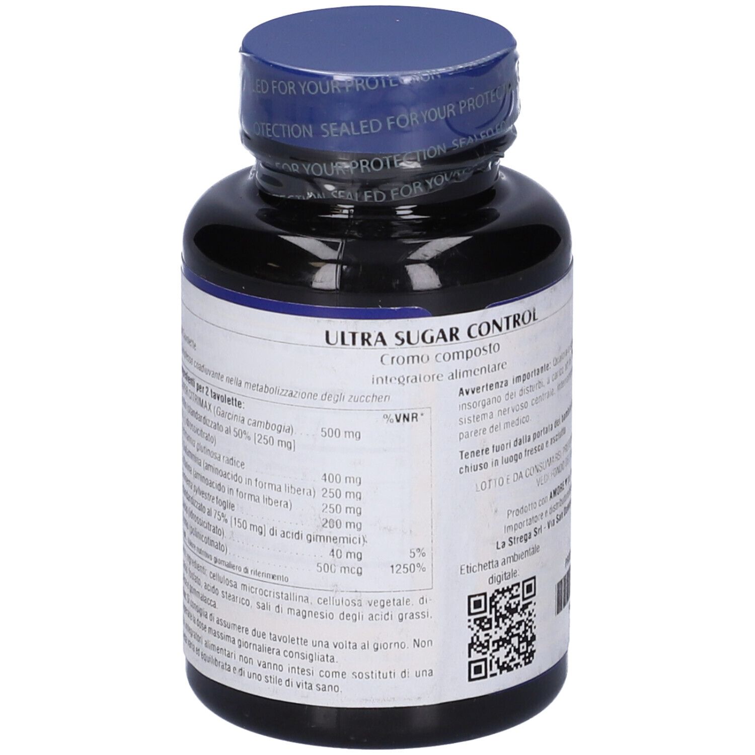 Flacone nero, retro con etichetta. Testo: Ultra Sugar Control. Ingredienti e informazioni nutrizionali.