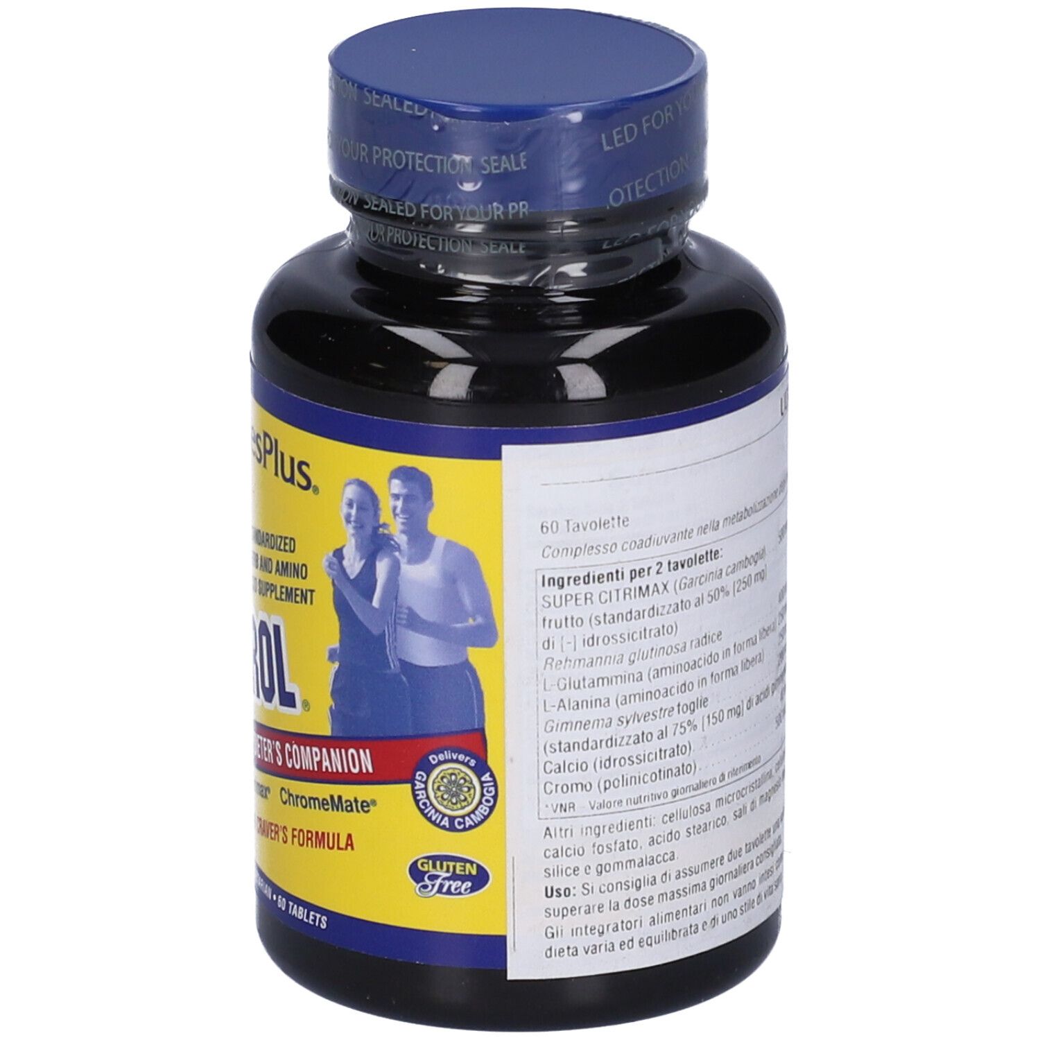 Flacone nero, retro con etichetta. Testo: Ultra Sugar Control, 60 compresse. Senza glutine.