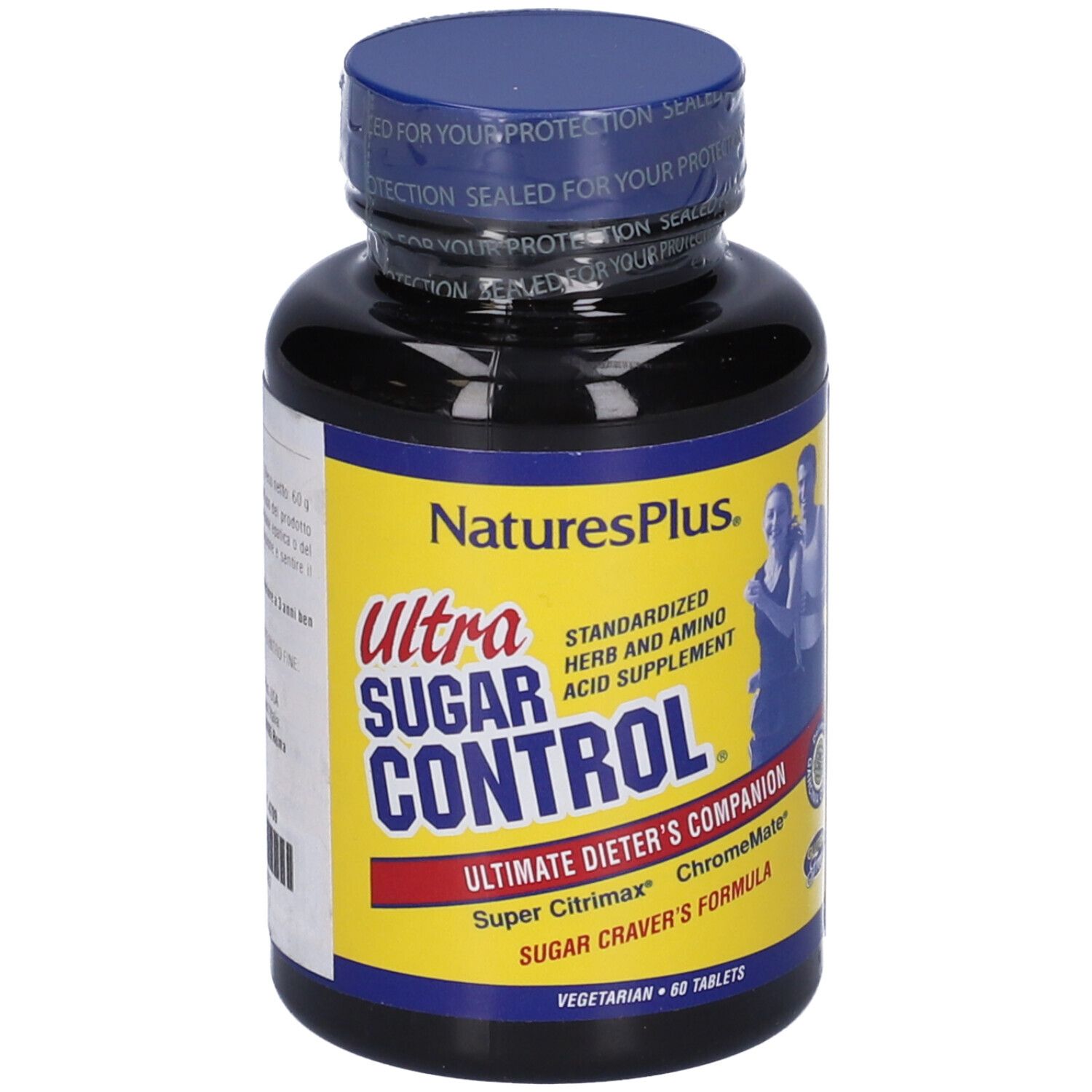 Flacone nero con etichetta gialla. Scritta: Ultra Sugar Control, 60 compresse. Marchio: NaturesPlus.
