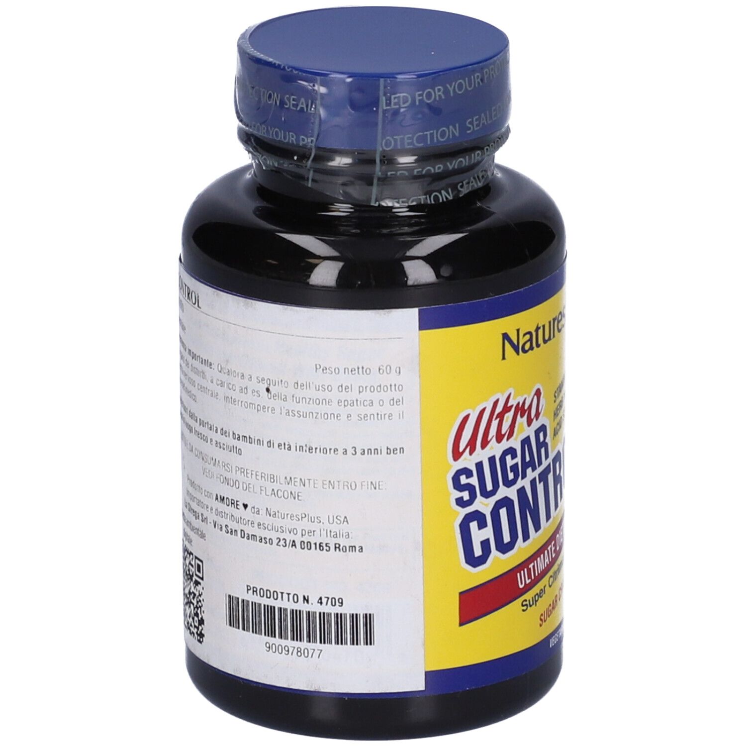 Flacone nero, retro con etichetta. Testo: Ultra Sugar Control. Codice QR e numero prodotto.