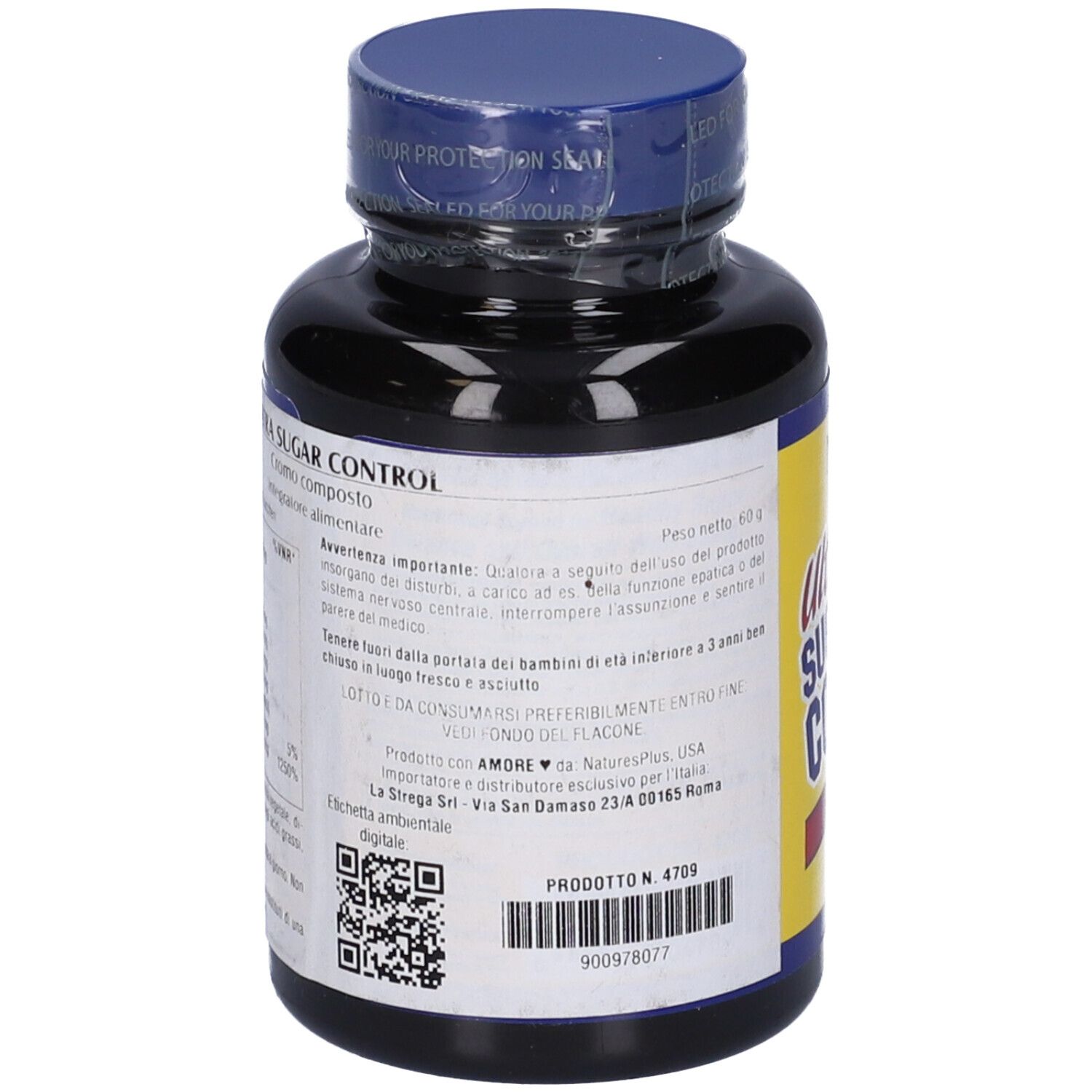 Flacone nero, retro con etichetta. Testo: Ultra Sugar Control. Codice QR e numero prodotto.
