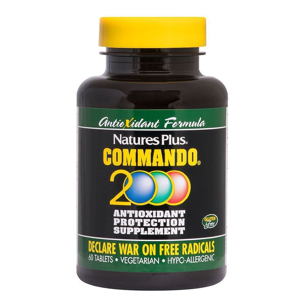 Flacone nero con tappo giallo. Scritta: Commando 2000, integratore di protezione antiossidante. 60 compresse. Senza glutine.