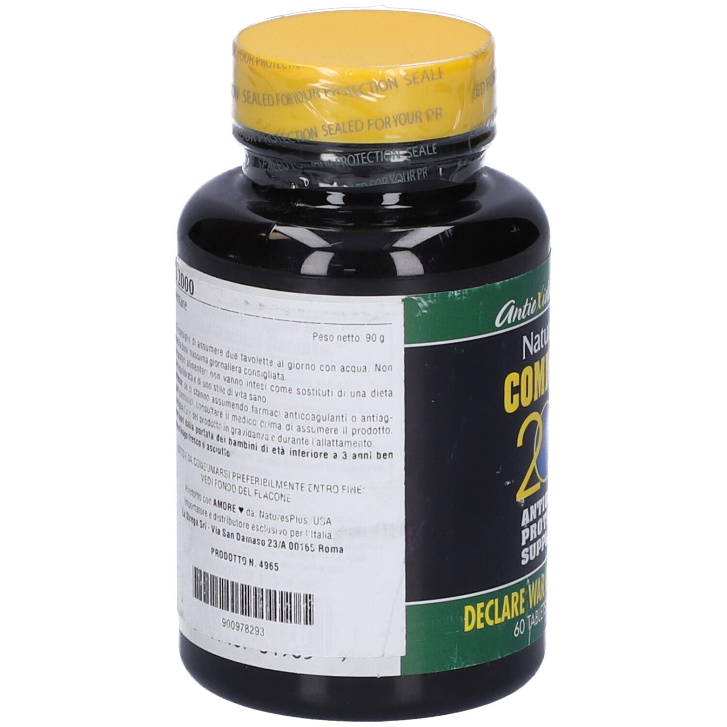 Flacone nero con tappo giallo. Retro con testo. Scritta: Commando 2000, integratore alimentare. 60 compresse. Senza glutine.