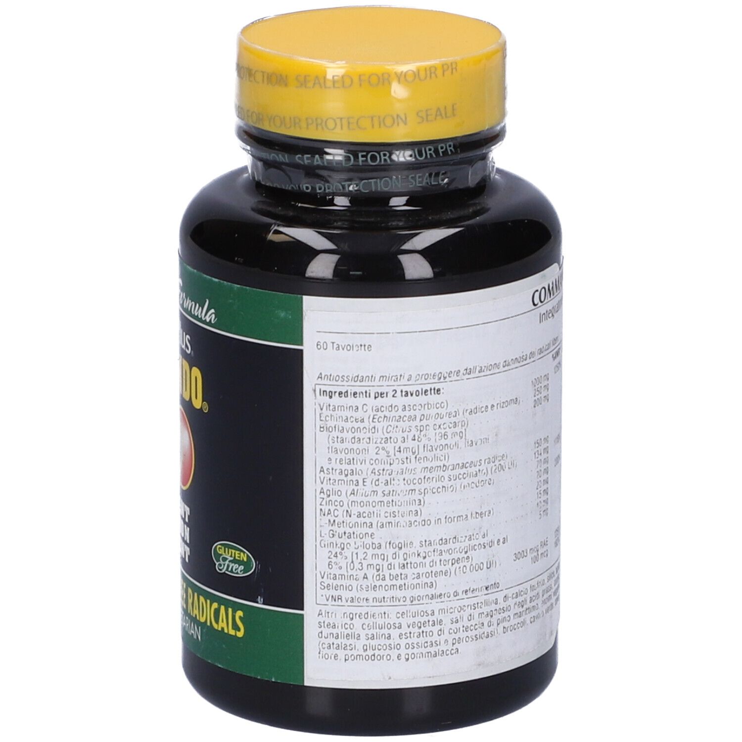 Flacone nero con tappo giallo. Retro con testo. Scritta: Commando 2000, integratore alimentare. 60 compresse. Senza glutine.