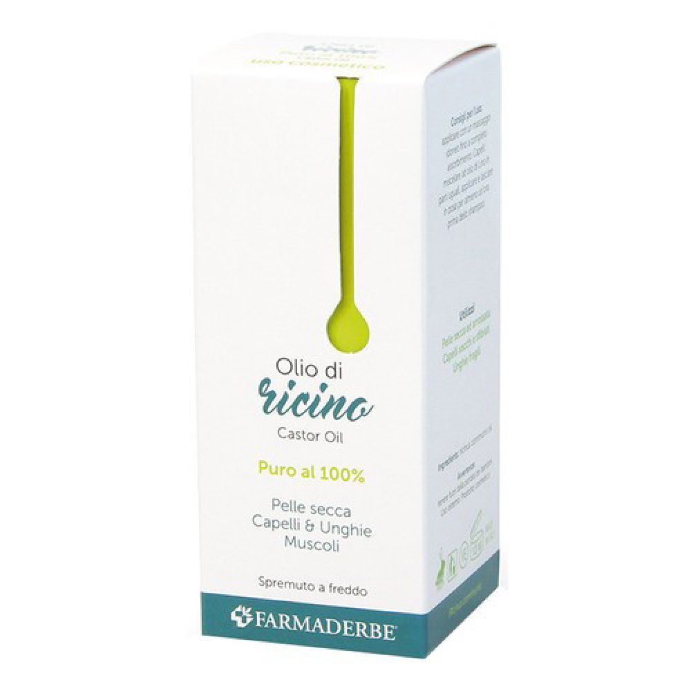 Weiße Verpackung mit grünen Akzenten. Text: Olio di ricino, 100% rein, für trockene Haut, Haare, Nägel, Muskeln. Marke: Farmaderbe.