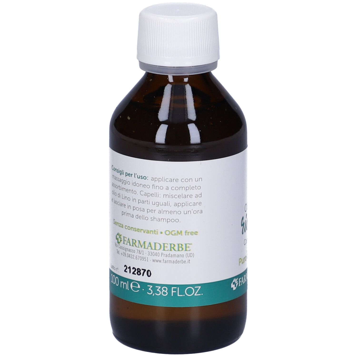 Braune Glasflasche mit weißem Deckel. Etikett mit Text: Olio di ricino, 100% rein. Marke: Farmaderbe. OGM-frei. 100 ml.