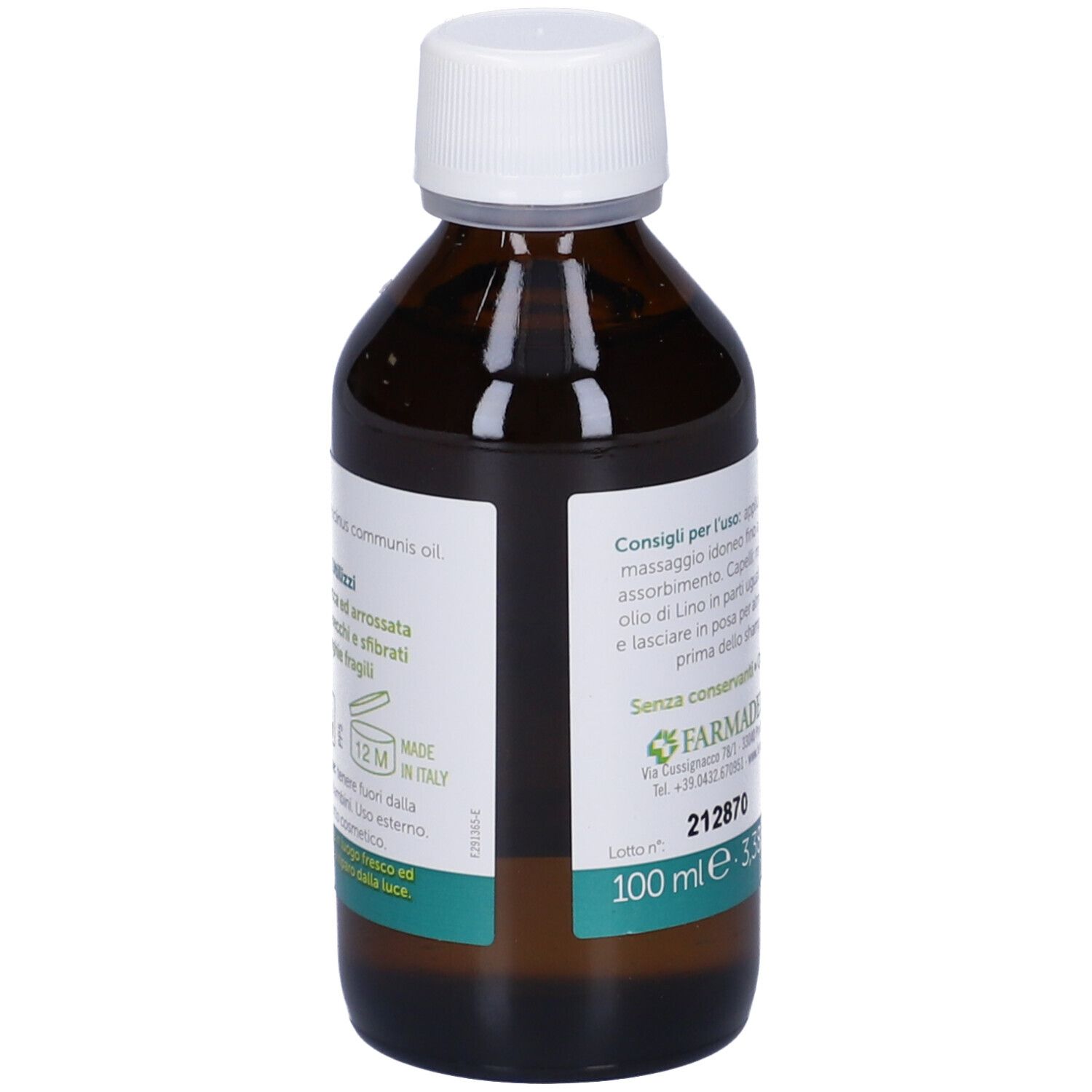 Braune Glasflasche mit weißem Deckel. Etikett mit Text: Olio di ricino, 100% rein. Marke: Farmaderbe. 100 ml.