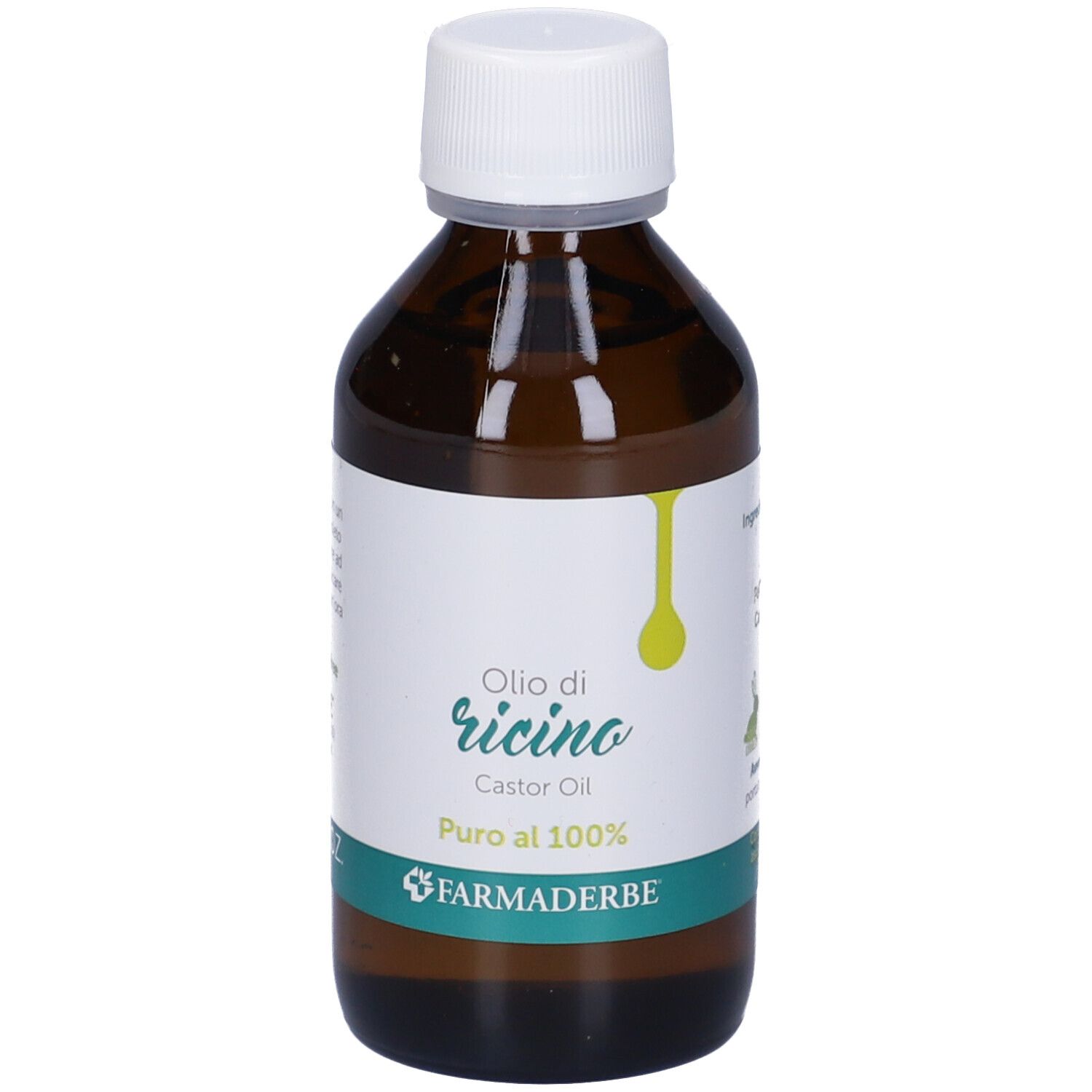 Braune Glasflasche mit weißem Deckel. Etikett mit Text: Olio di ricino, 100% rein. Marke: Farmaderbe. 100 ml.