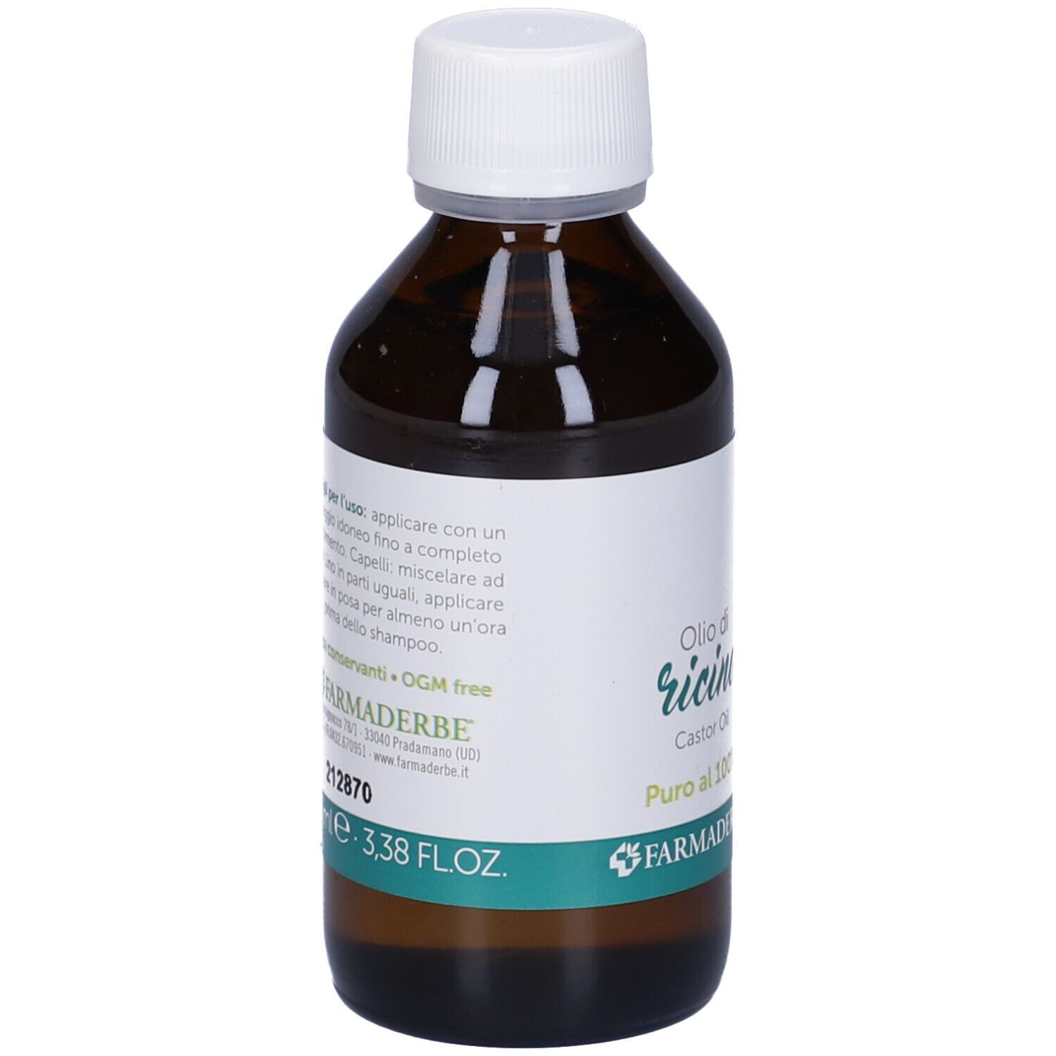 Braune Glasflasche mit weißem Deckel. Etikett mit Text: Olio di ricino, 100% rein. Marke: Farmaderbe. 100 ml.