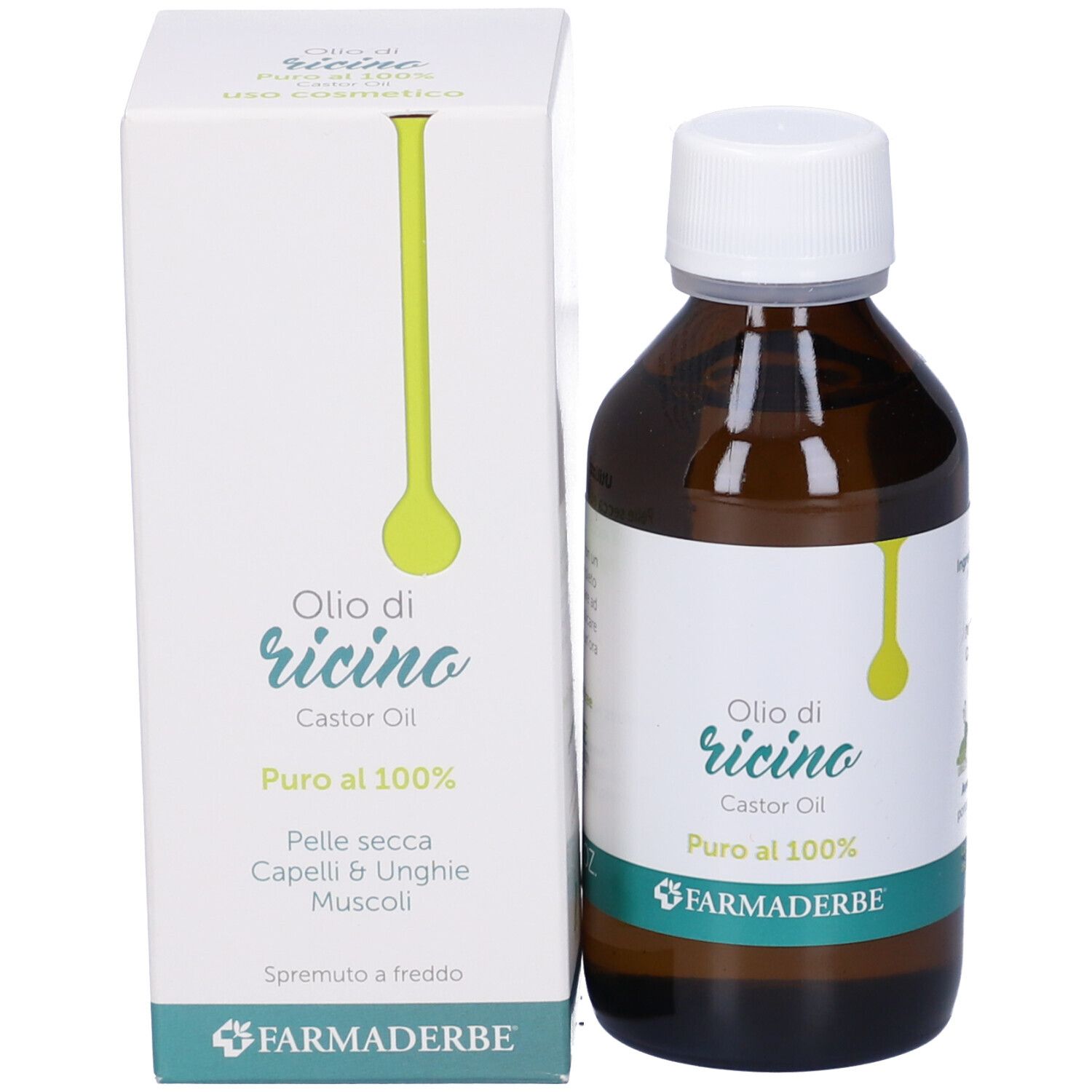Produktverpackung und Flasche. Weiße Verpackung mit grünen Akzenten und Flasche mit weißem Deckel. Text: Olio di ricino, 100% rein. Marke: Farmaderbe.