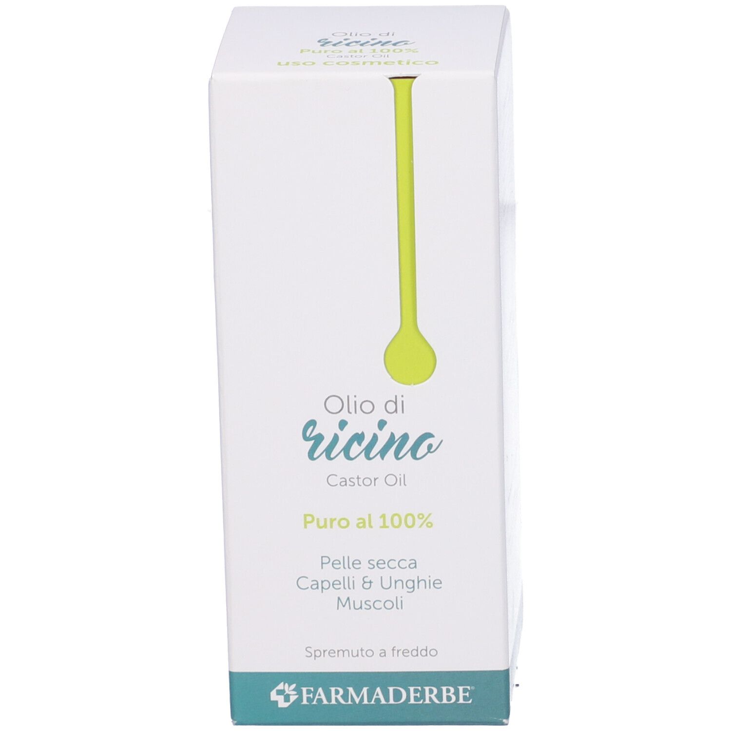 Weiße Verpackung mit grünen Akzenten. Text: Olio di ricino, 100% rein, für trockene Haut, Haare, Nägel, Muskeln. Marke: Farmaderbe.