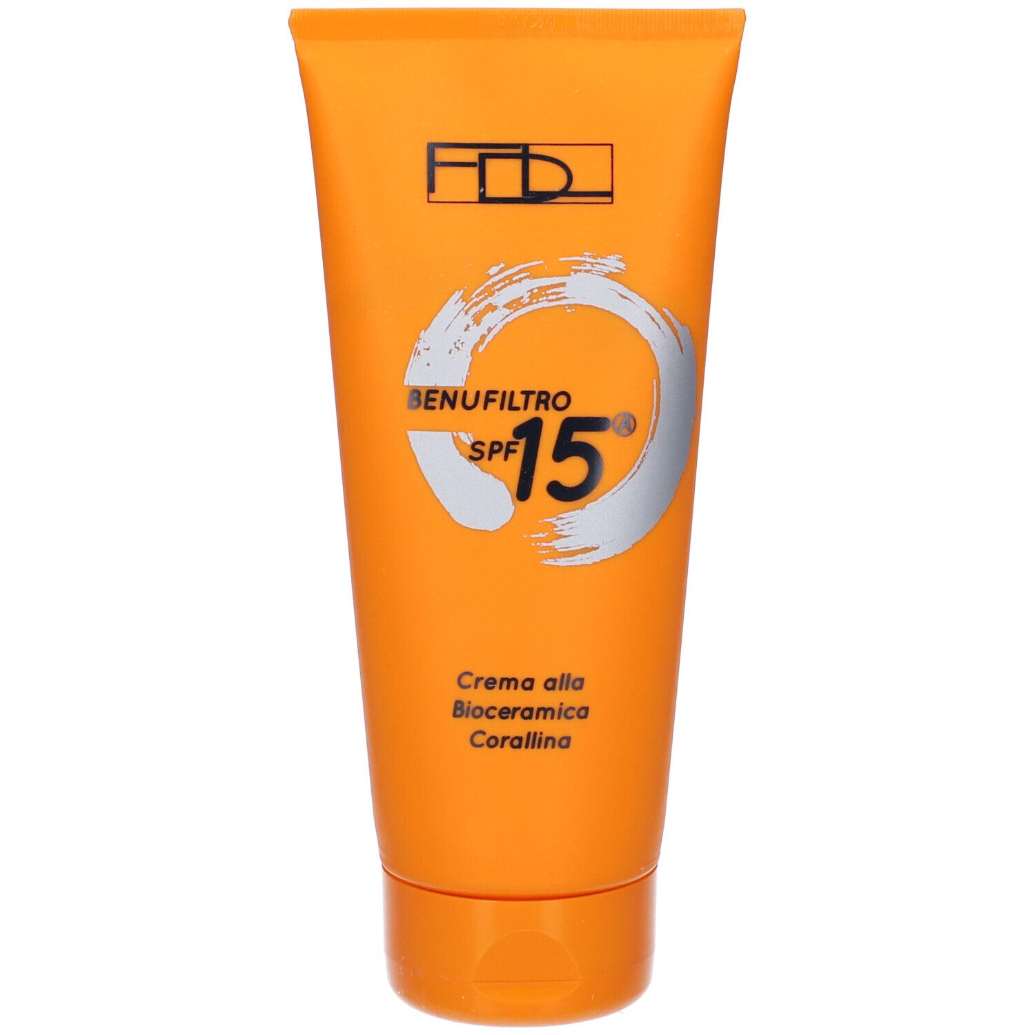 Tubo arancione con nome prodotto e SPF 15. Testo: 'Crema alla Bioceramica Corallina'.