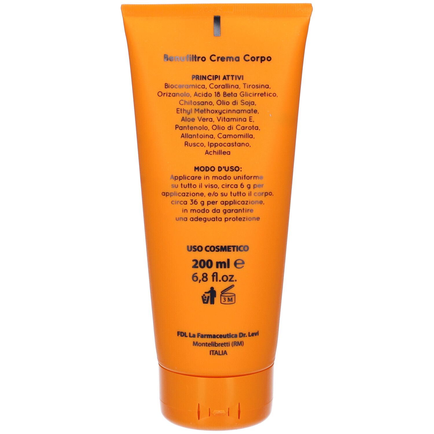 Retro del tubo. Testo: 'Benufiltro Crema Corpo', ingredienti, '200 ml'.