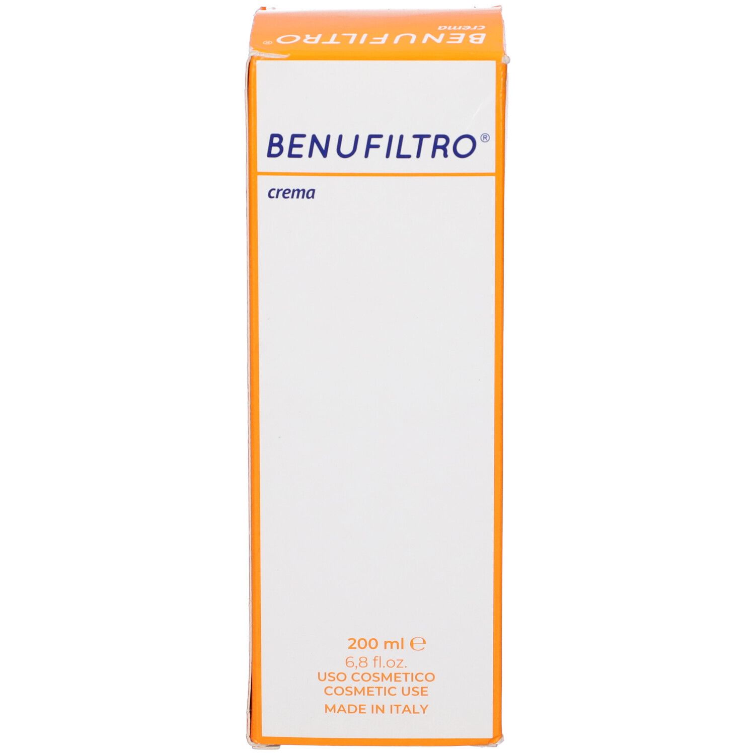 Confezione, testo: 'Benufiltro', '200 ml', 'Made in Italy'.