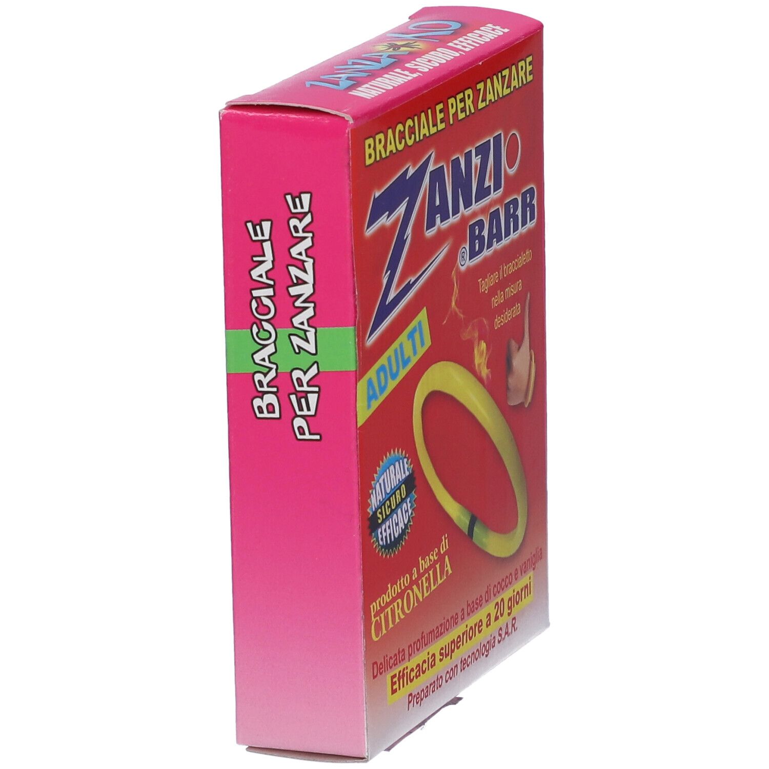 Scatola rosa con testo 'Bracciale per Zanzare' e 'Zanzibarr'. Simbolo braccialetto giallo. Testo 'Adulti'.