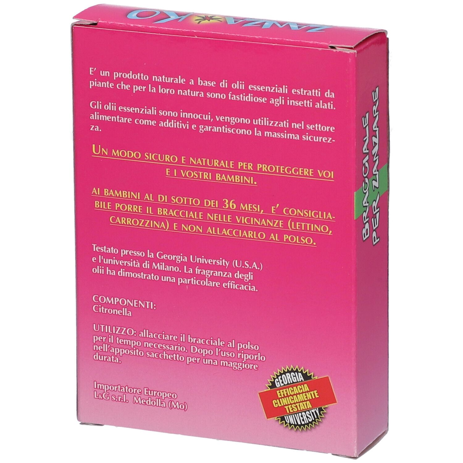 Retro della scatola rosa. Testo 'Bracciale per Zanzare'. Testo e logo dell'Università della Georgia.