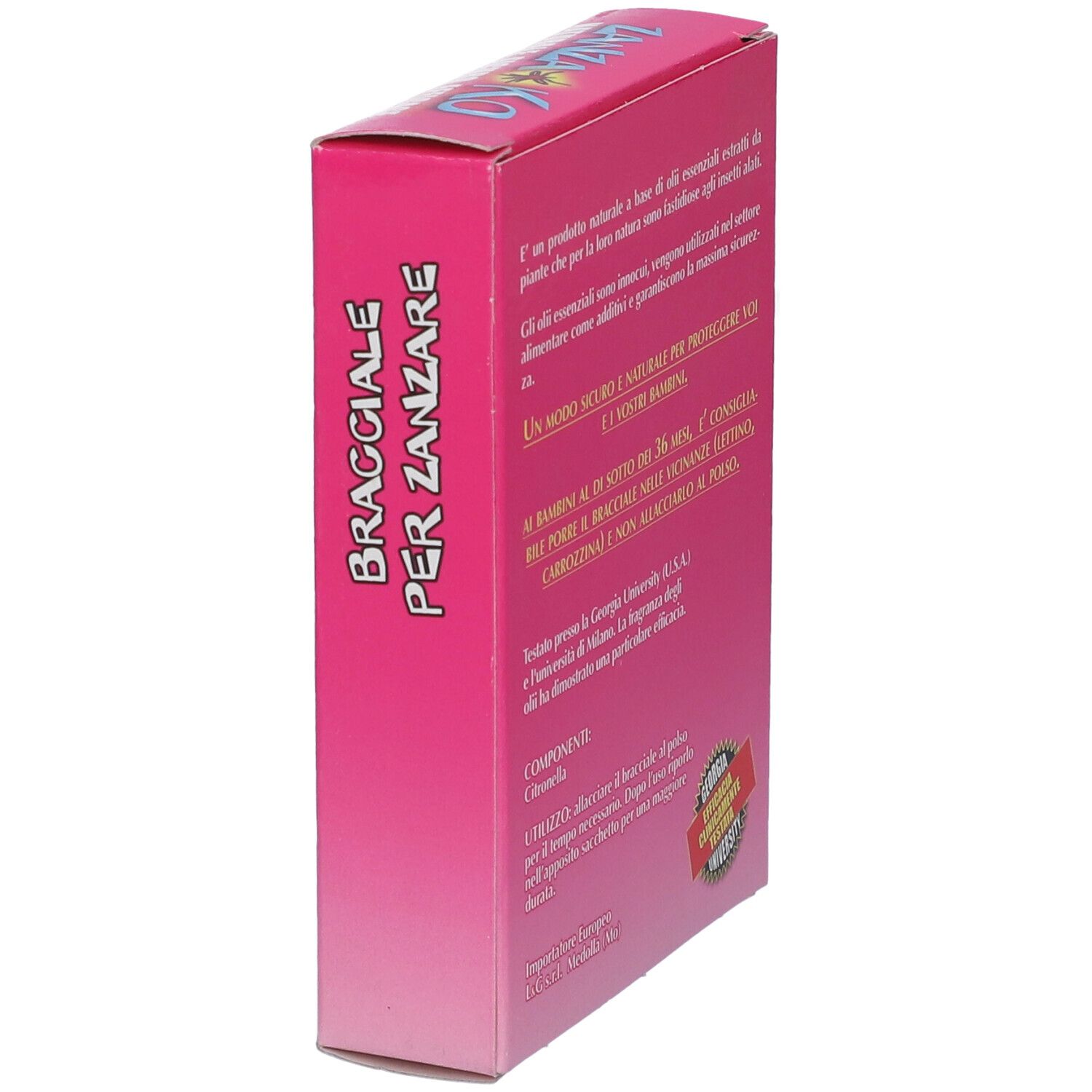 Scatola rosa con testo 'Bracciale per Zanzare'. Testo e logo dell'Università della Georgia.