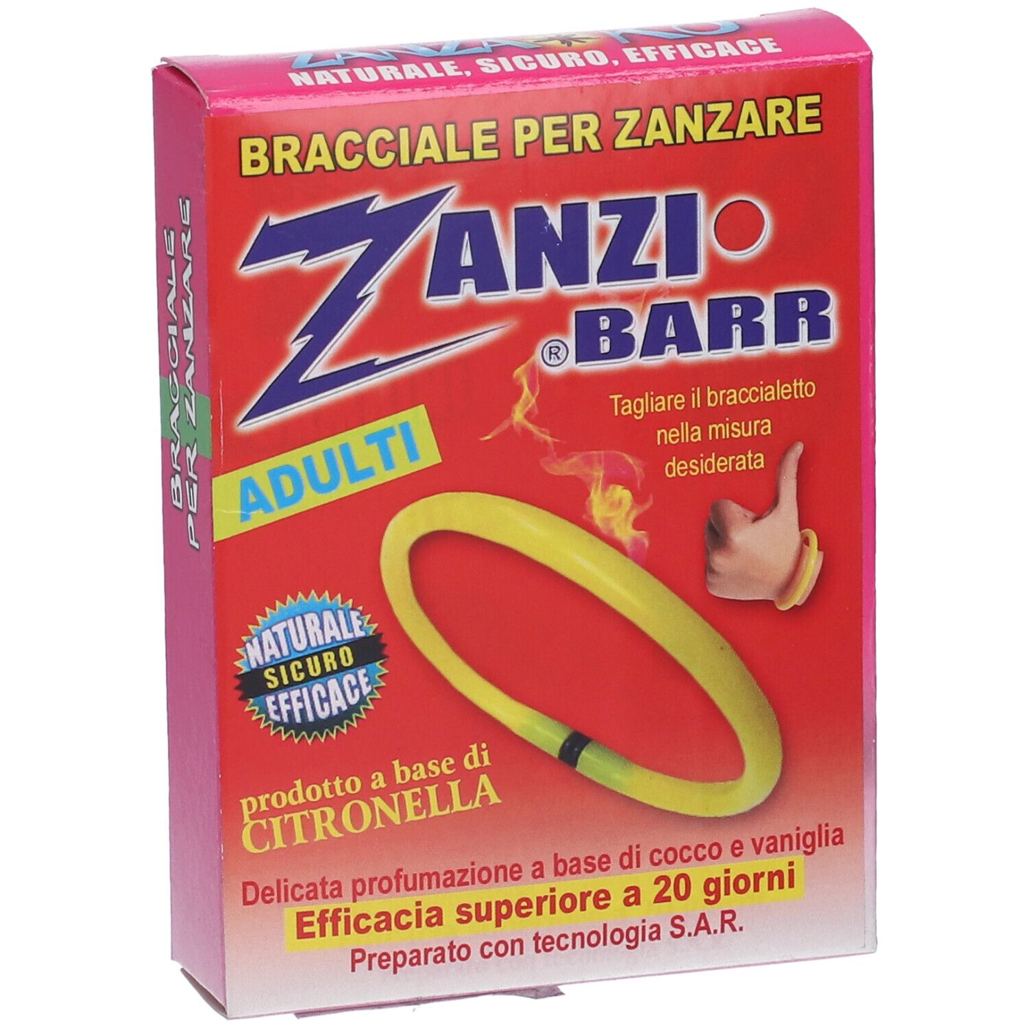 Scatola rossa con testo 'Bracciale per Zanzare' e 'Zanzibarr'. Simbolo braccialetto giallo. Testo 'Adulti'.