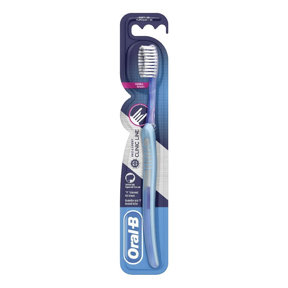 Zahnbürste in Blisterverpackung. Blaue Bürste mit weißem Borstenfeld. Griff mit Oral-B Logo. "Clinic Line" Schriftzug.