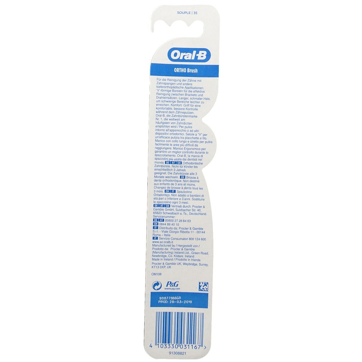 Rückseite der Blisterverpackung. Enthält Informationen zu Oral-B Ortho Brush. Text in mehreren Sprachen. Barcode und Logo.