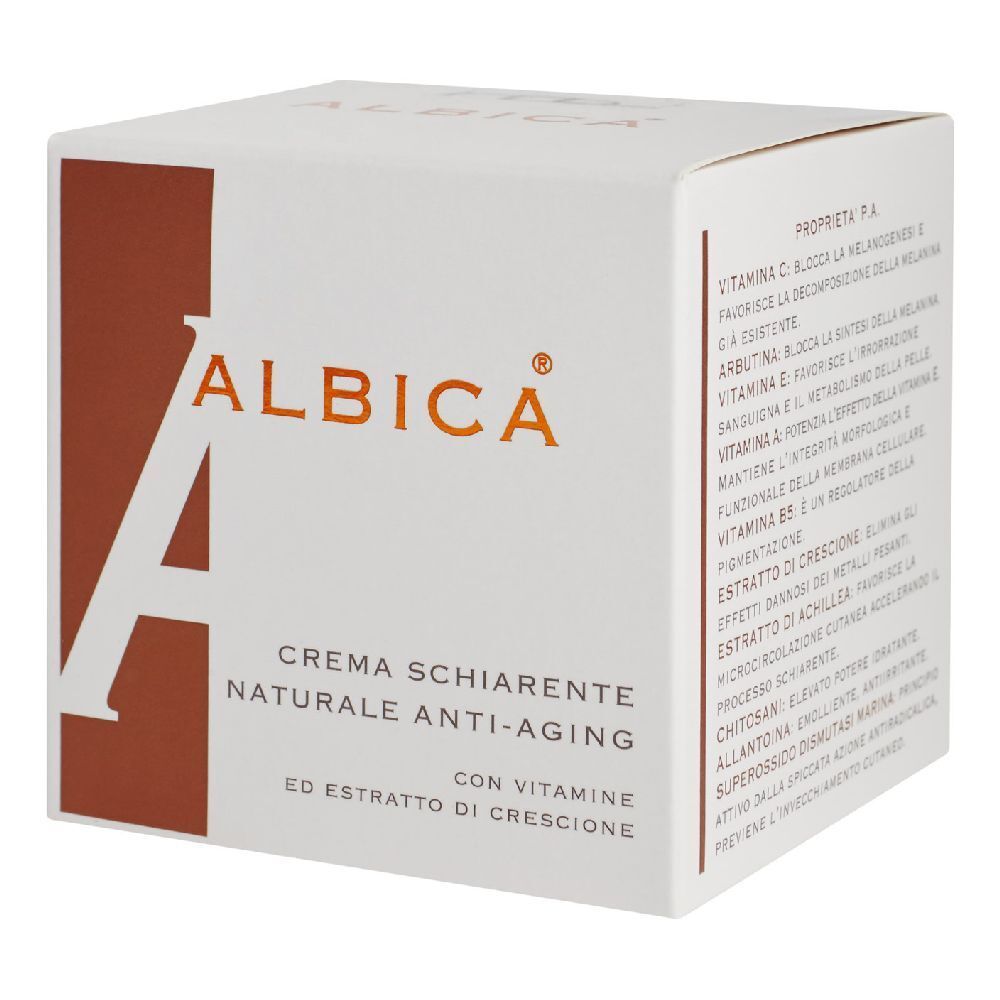 Scatola bianca quadrata con logo Albica e informazioni sul prodotto. Testo: Crema Schiarente Naturale Anti-Aging.