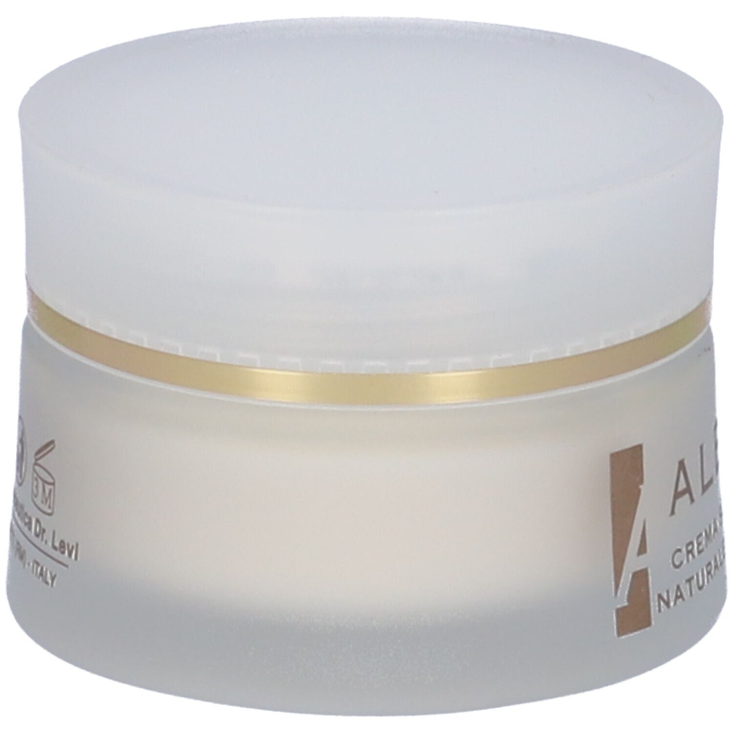 Vasetto di crema con coperchio bianco e anello dorato. Scritta: Albica, Crema Schiarente Naturale Anti-Aging.