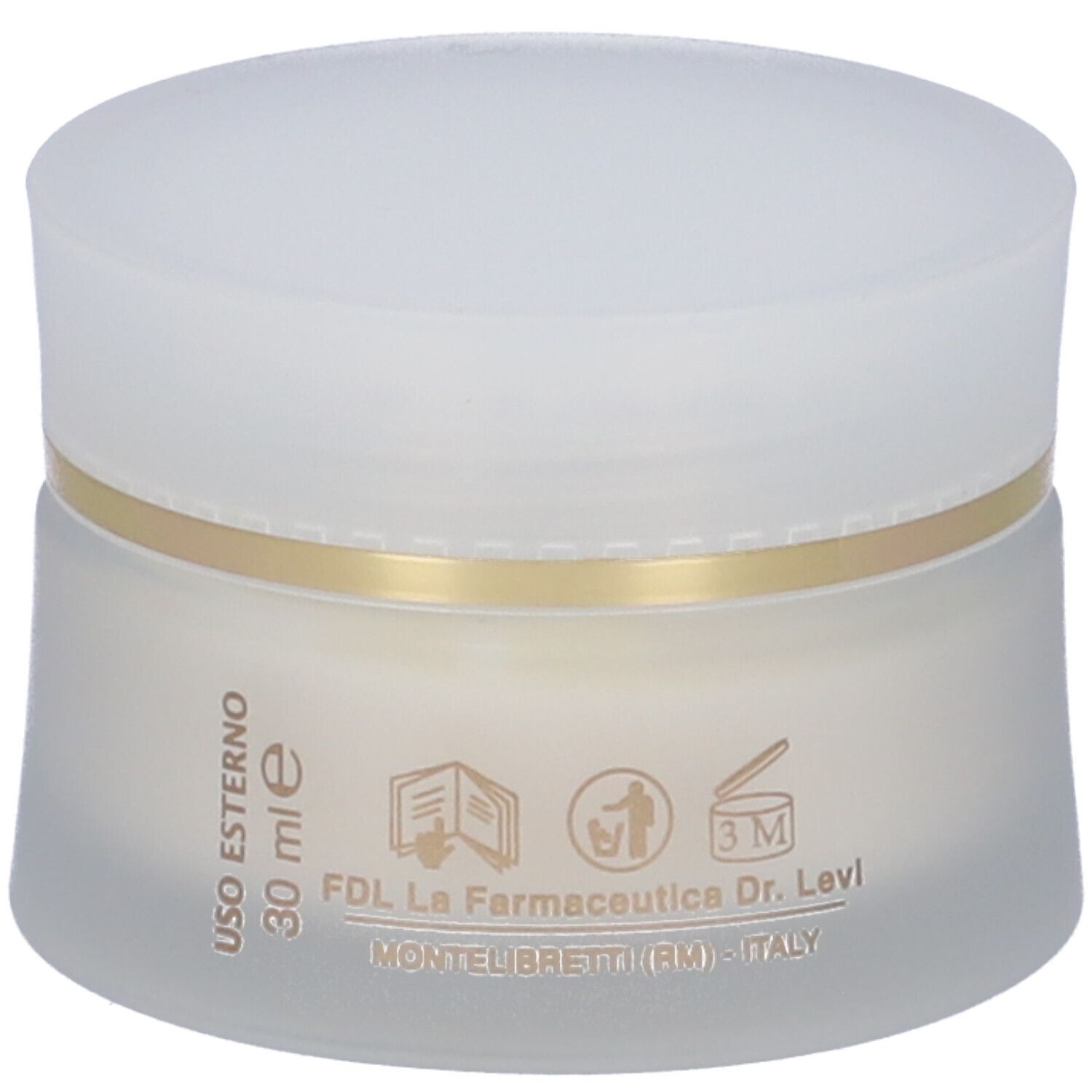 Vasetto di crema con coperchio bianco e anello dorato. Scritta: Albica, Crema Schiarente Naturale Anti-Aging.