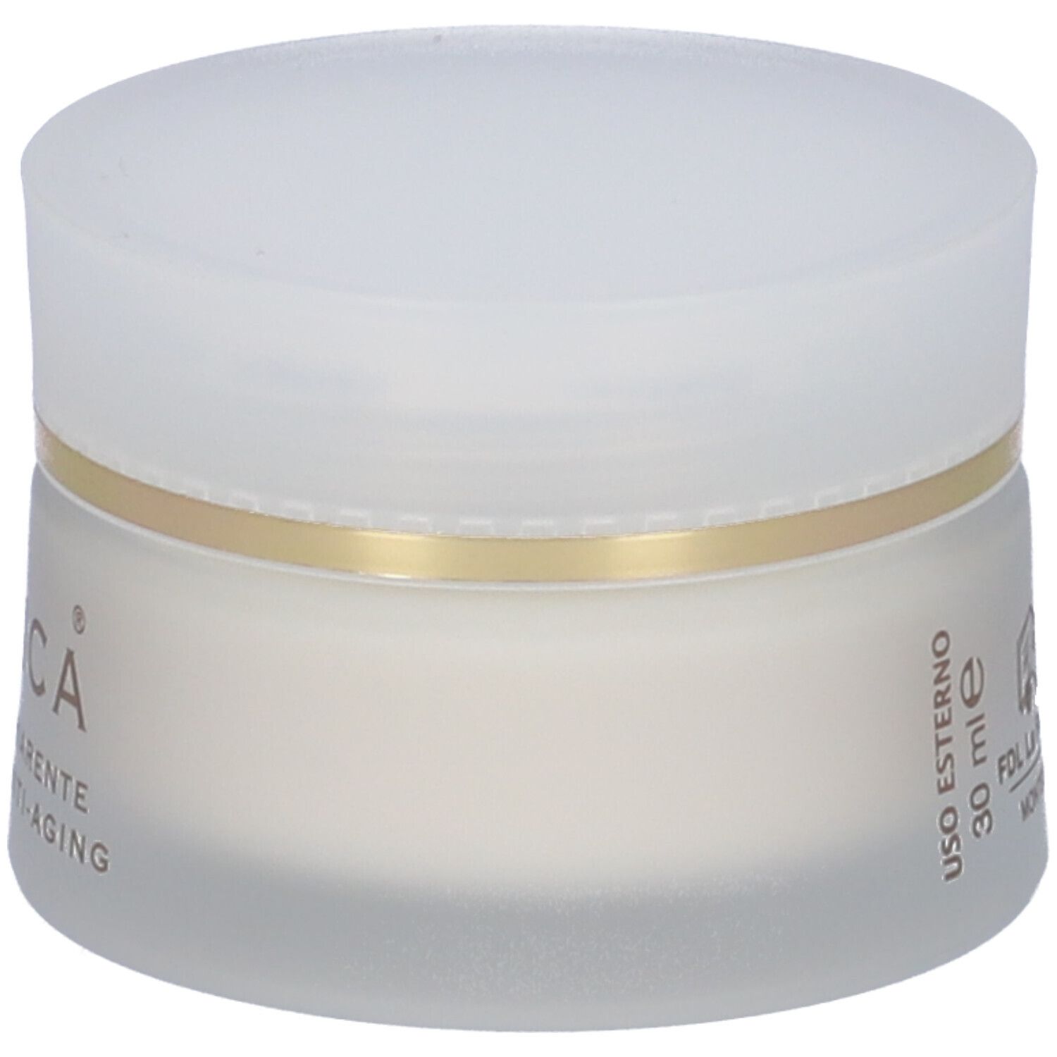 Vasetto di crema con coperchio bianco e anello dorato. Scritta: Albica, Crema Schiarente Naturale Anti-Aging.
