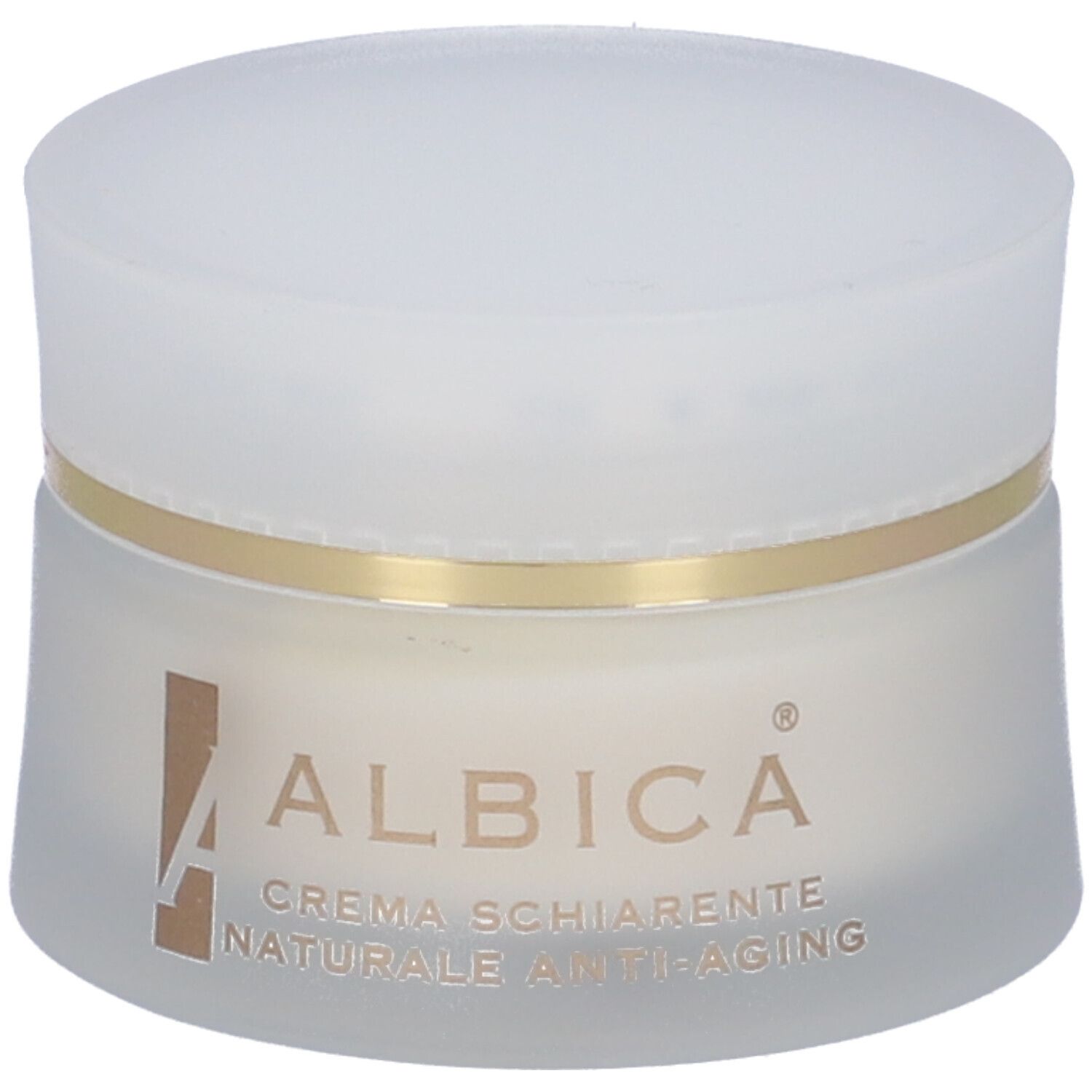 Vasetto di crema con coperchio bianco e anello dorato. Scritta: Albica, Crema Schiarente Naturale Anti-Aging.