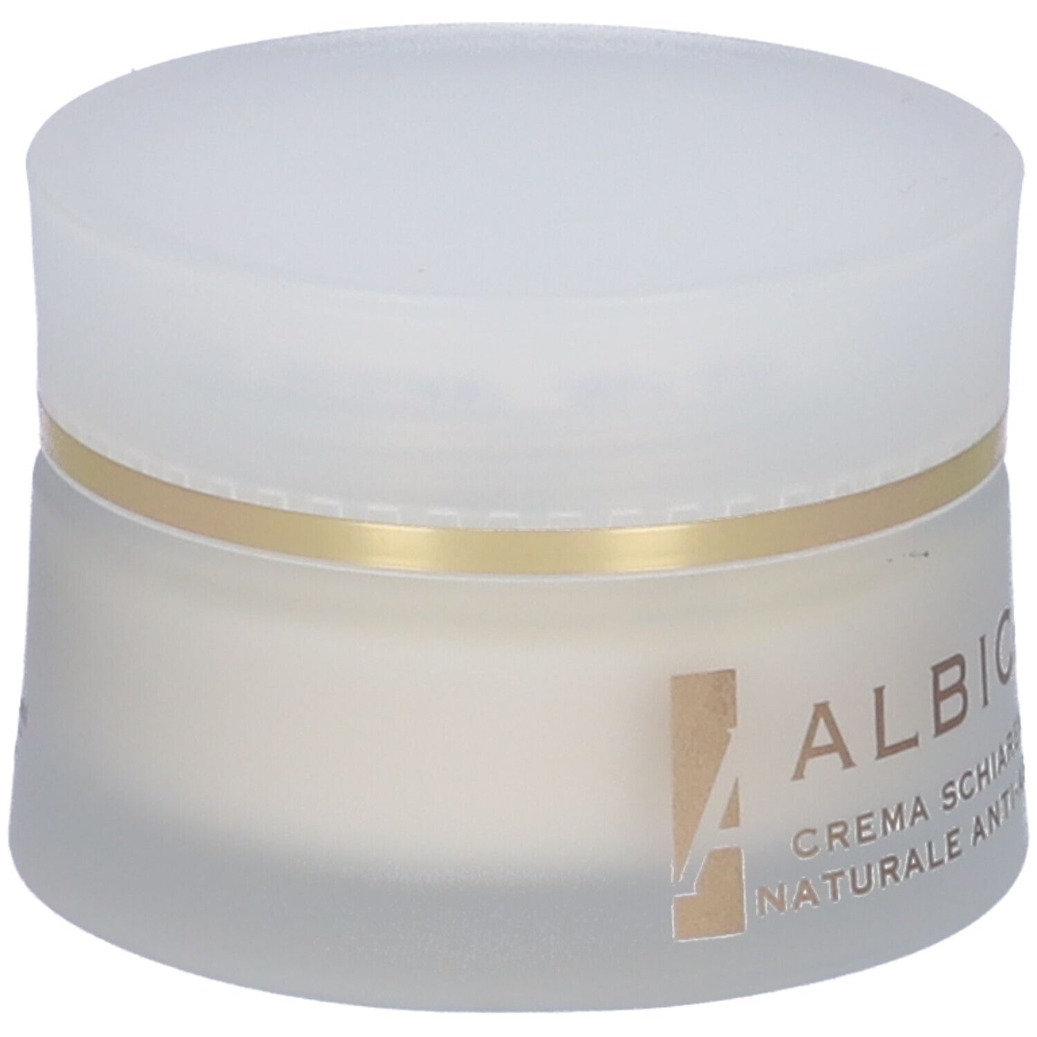 Vasetto di crema con coperchio bianco e anello dorato. Scritta: Albica, Crema Schiarente Naturale Anti-Aging.
