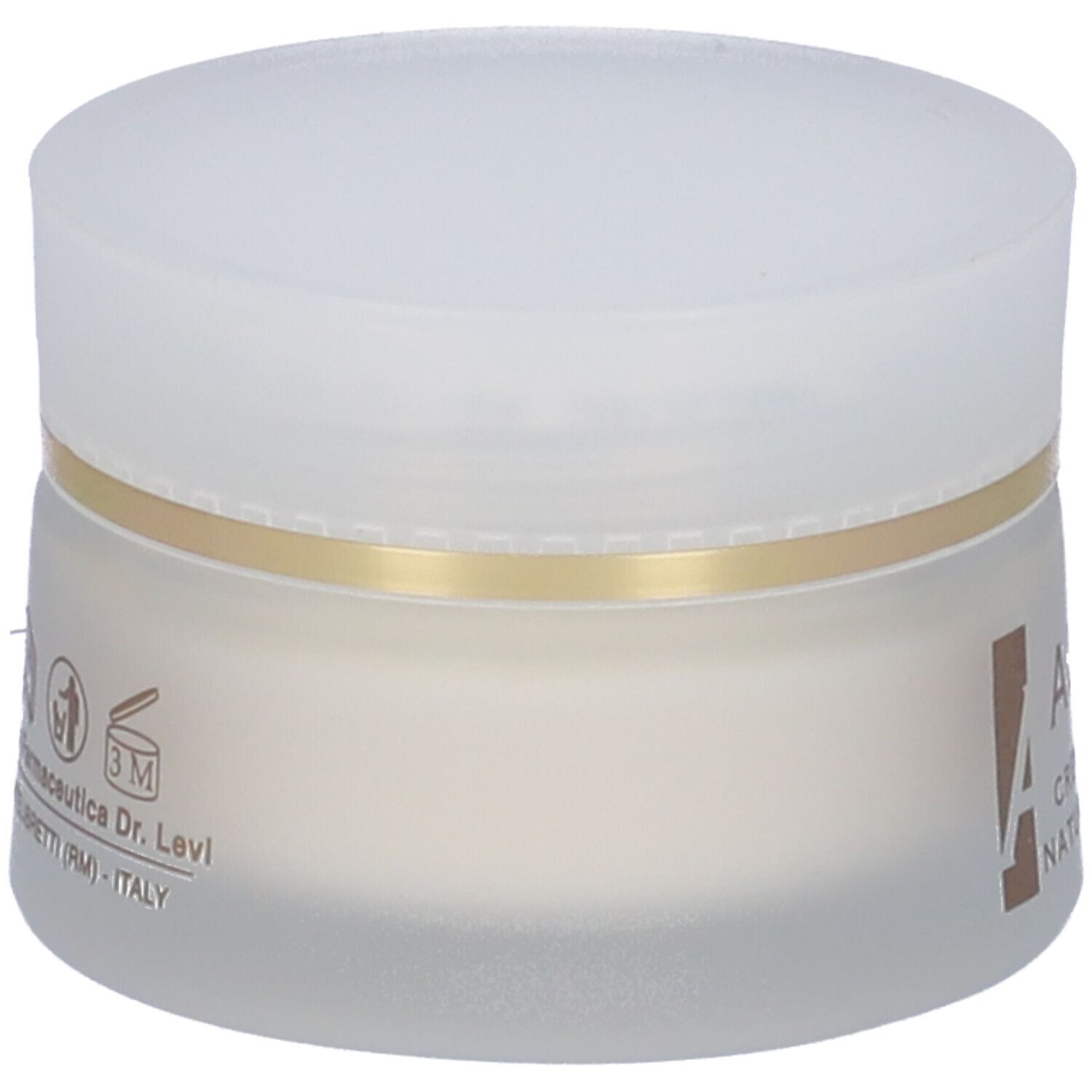 Vasetto di crema con coperchio bianco e anello dorato. Scritta: Albica, Crema Schiarente Naturale Anti-Aging.