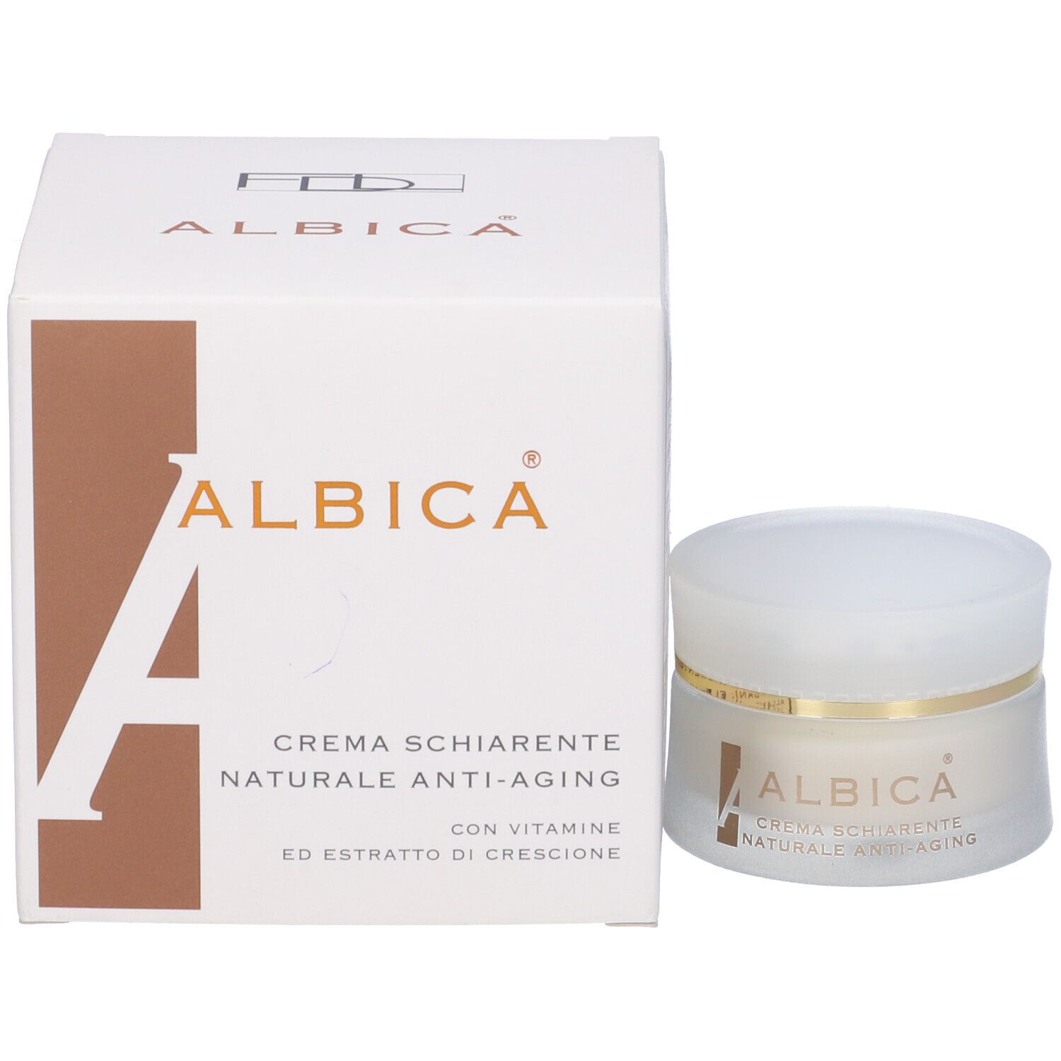 Vasetto di crema e scatola. Scritta: Albica, Crema Schiarente Naturale Anti-Aging. Scatola bianca.