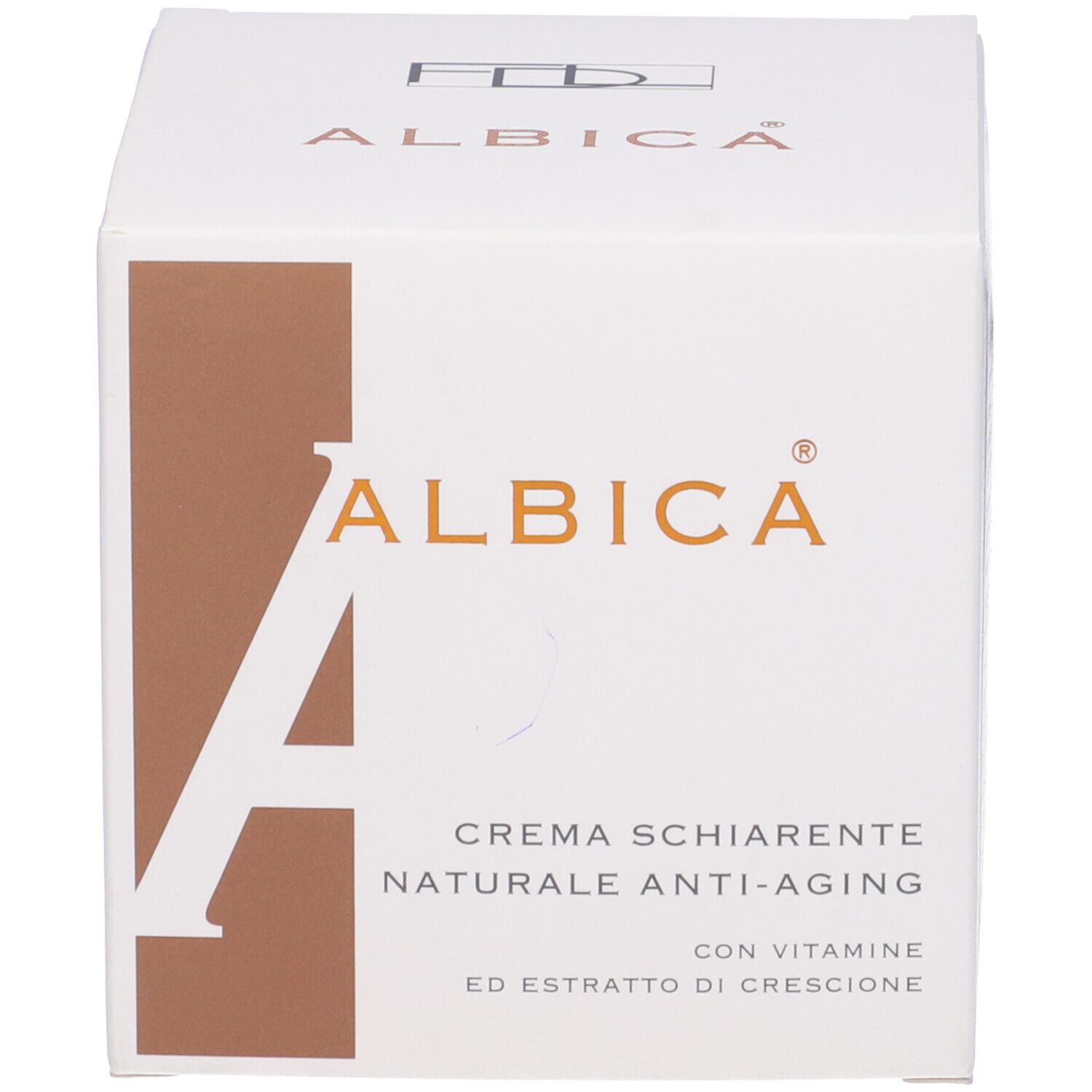 Scatola bianca con logo Albica e informazioni sul prodotto. Testo: Crema Schiarente Naturale Anti-Aging.