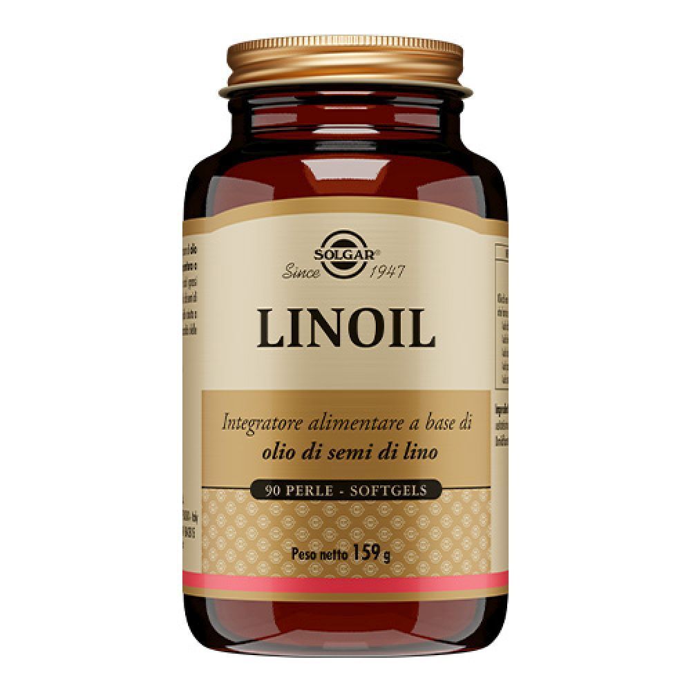 Flacone di vetro marrone con tappo dorato. Etichetta con SOLGAR, LINOIL e 90 softgels. Scritta: Integratore alimentare.