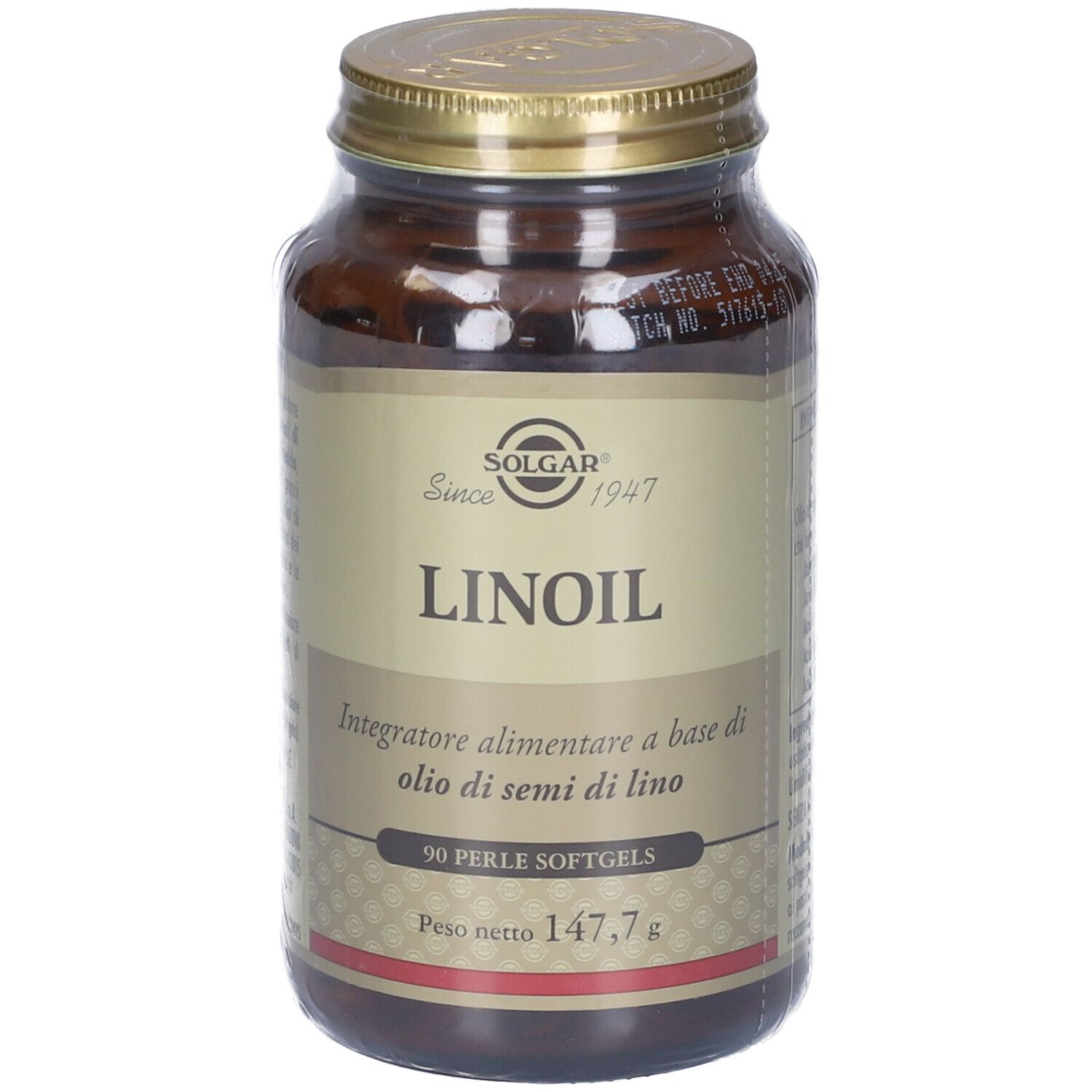 Flacone di vetro marrone con tappo dorato. Etichetta con SOLGAR, LINOIL e 90 softgels. Peso: 147,7 g.
