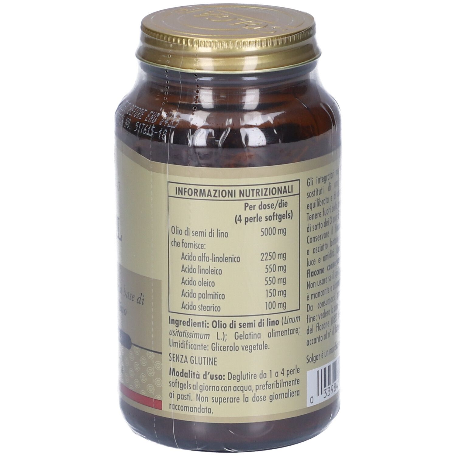 Retro del flacone di vetro marrone. Etichetta con informazioni nutrizionali. Testo in italiano.