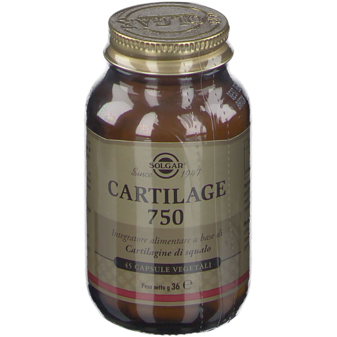 Flacone di vetro marrone con tappo dorato. Etichetta con SOLGAR, Cartilage 750, 45 capsule. Capsule visibili.