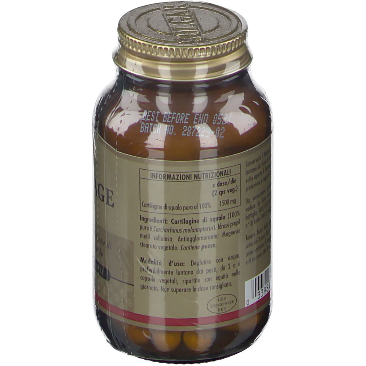 Retro del flacone marrone. Etichetta con informazioni nutrizionali, ingredienti e modalità d'uso. Capsule visibili.