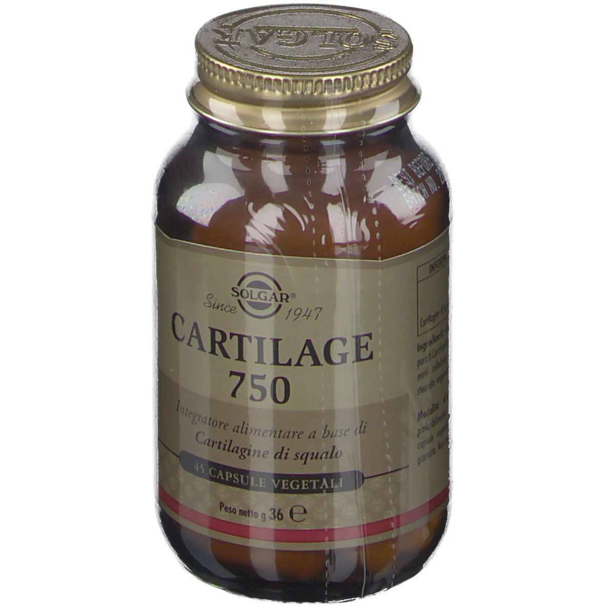 Flacone di vetro marrone con tappo dorato. Etichetta con SOLGAR, Cartilage 750, 45 capsule. Capsule visibili.
