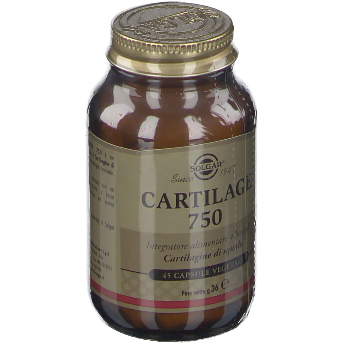 Flacone di vetro marrone con tappo dorato. Etichetta con SOLGAR, Cartilage 750, 45 capsule. Capsule visibili.