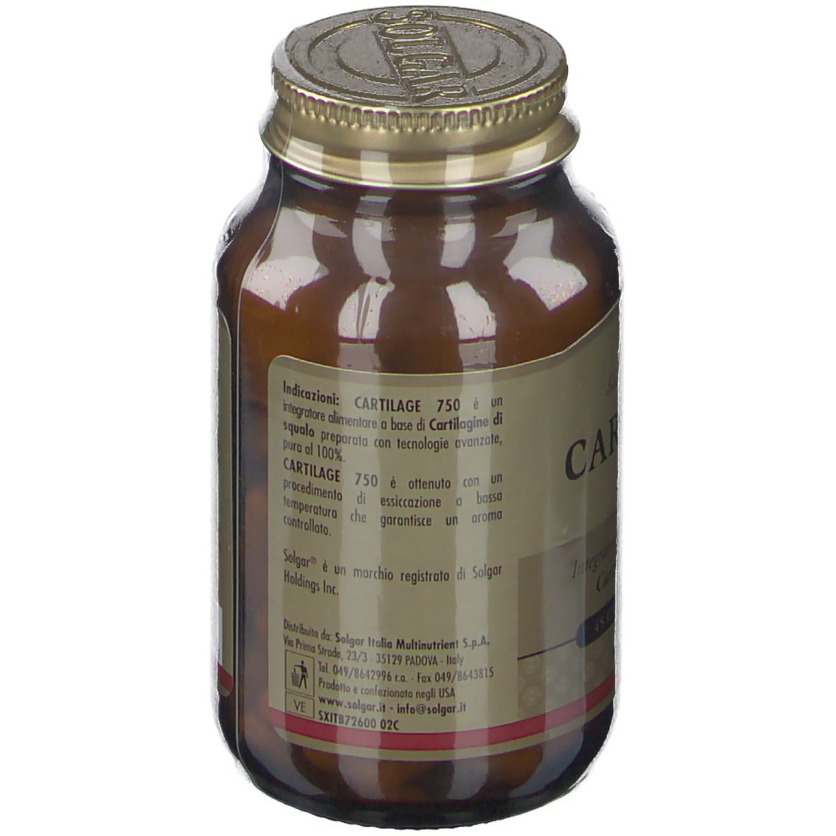 Retro del flacone marrone. Etichetta con informazioni su Cartilage 750 e produttore. Capsule visibili.