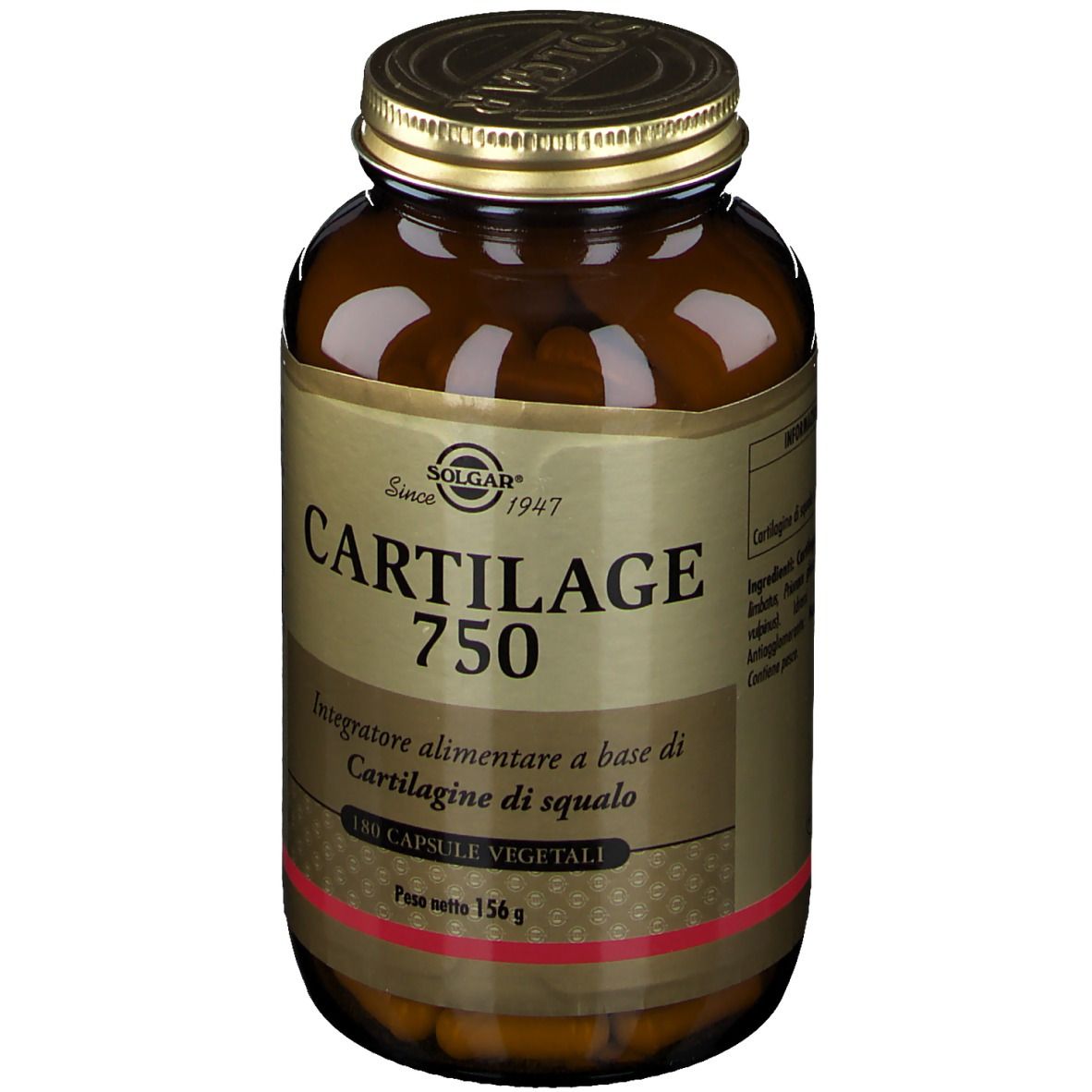Flacone di vetro marrone con tappo dorato. Scritta: Cartilage 750, 180 capsule. Marchio: SOLGAR.